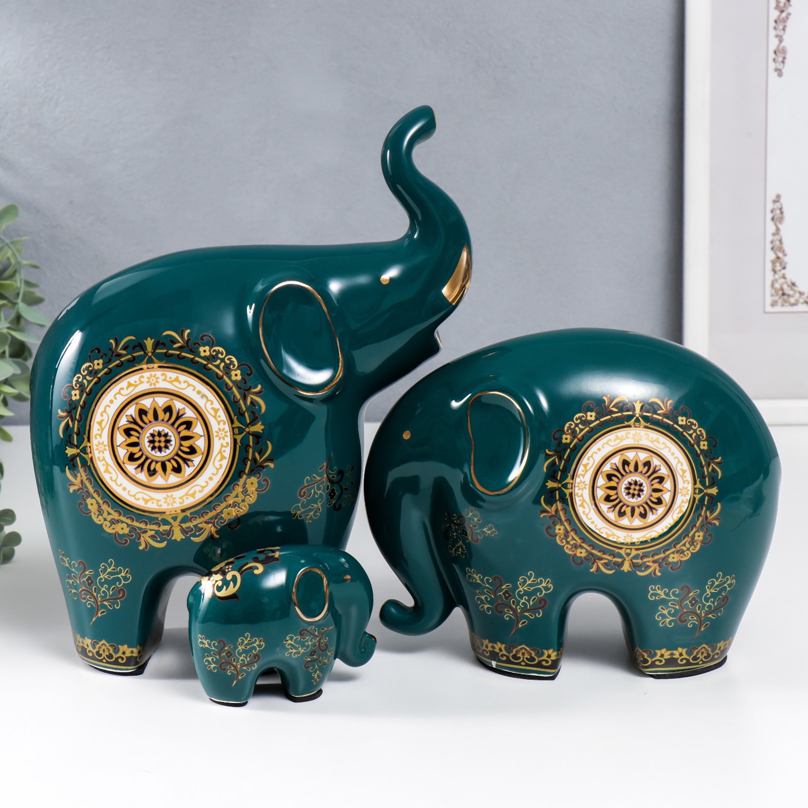 Изображение товара Набор слонов-узоров из керамики, зелёный, 3 шт