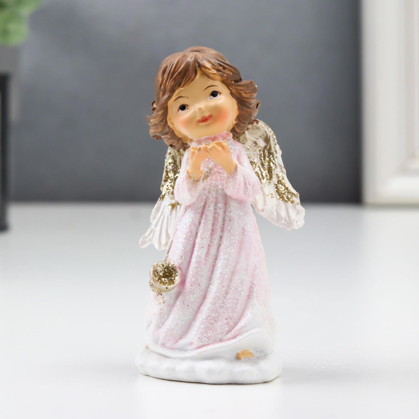 Изображение товара Сувенир интерьерный "Ангел на облаке, в ладонях звёзды, с горном" бело-розовый 8.5x4.5x4.5 см 634378