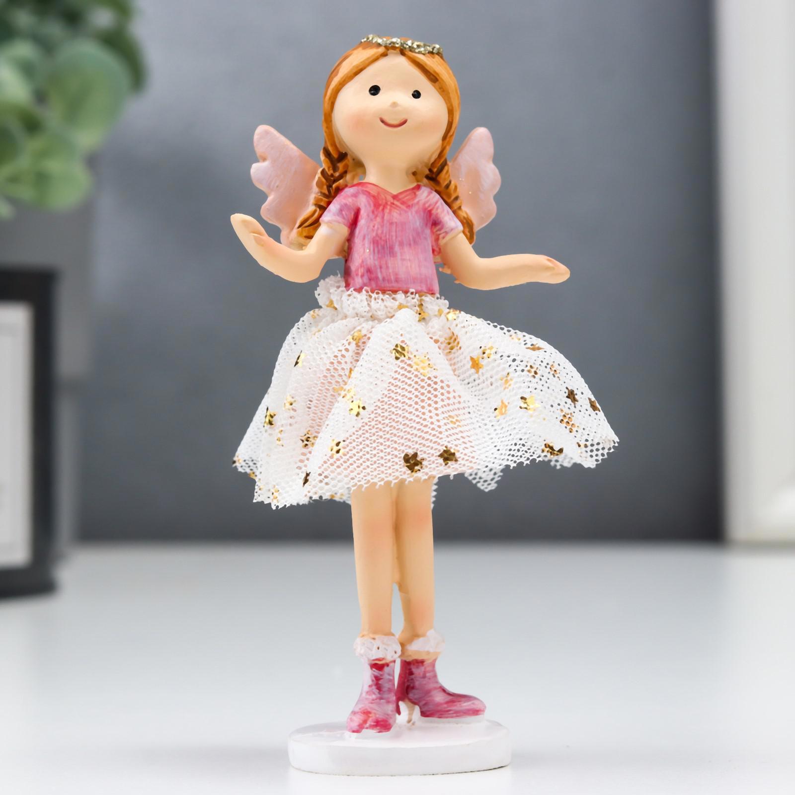 Изображение товара Сувенир интерьерный "Ангел-малышка с косами, в белой юбочке со звёздами" розовый 10x3x5 см