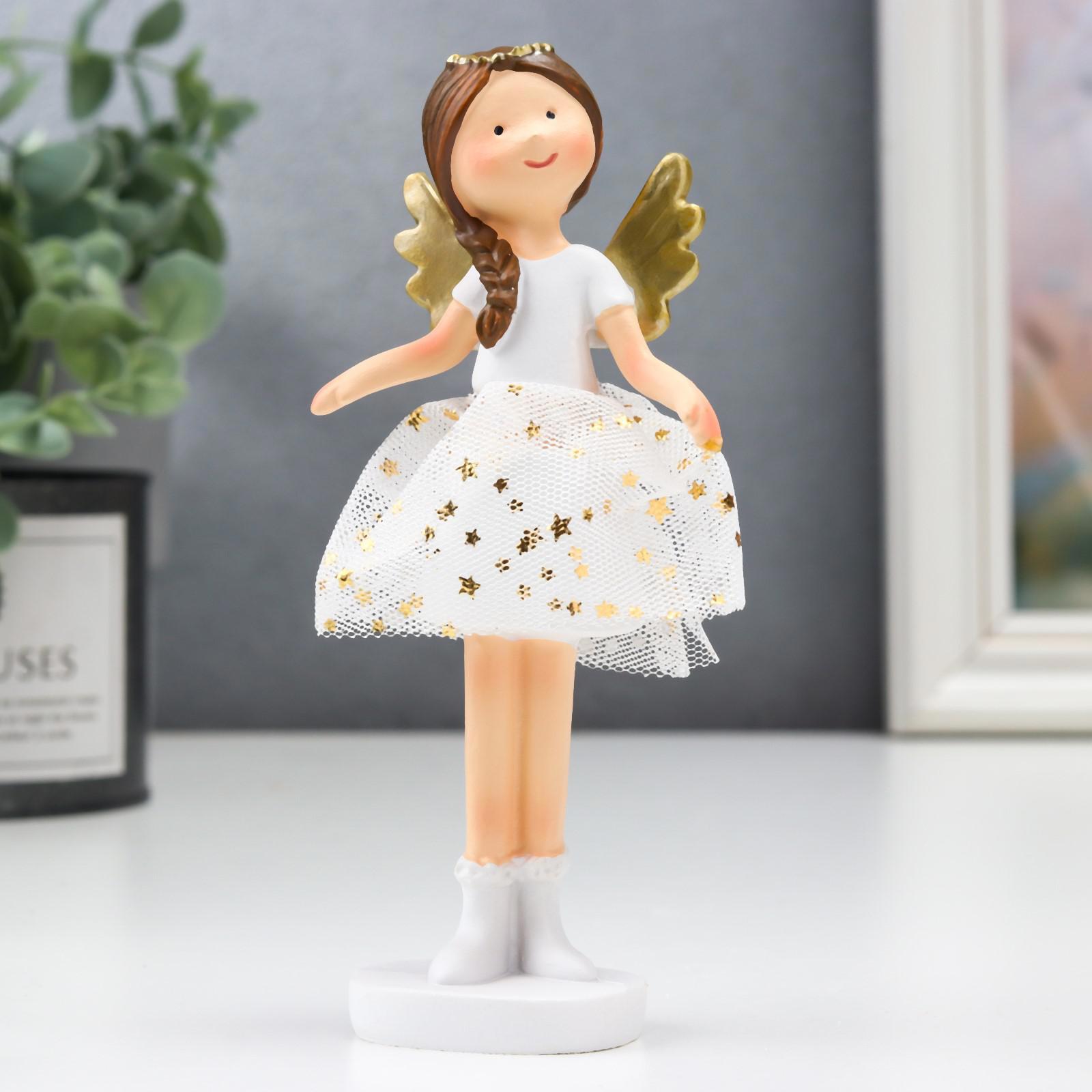 Изображение товара Сувенир интерьерный "Ангел-малышка с косой, в белой юбочке со звёздами" белый 10x3x5 см