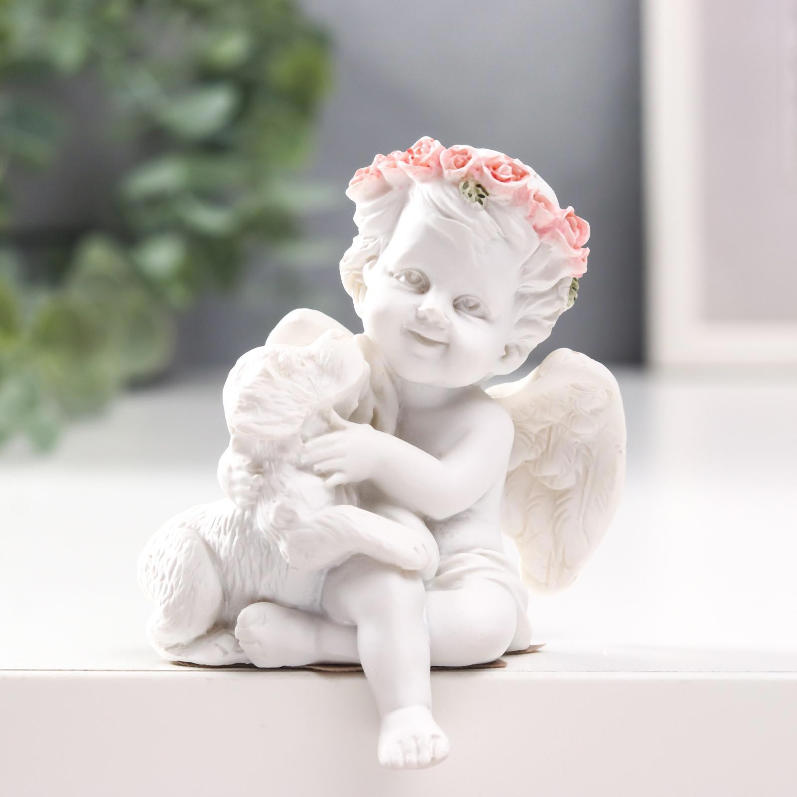 Изображение товара Белоснежный ангел в розовом венке с щенком — декоративная фигура 8x6.5x5 см