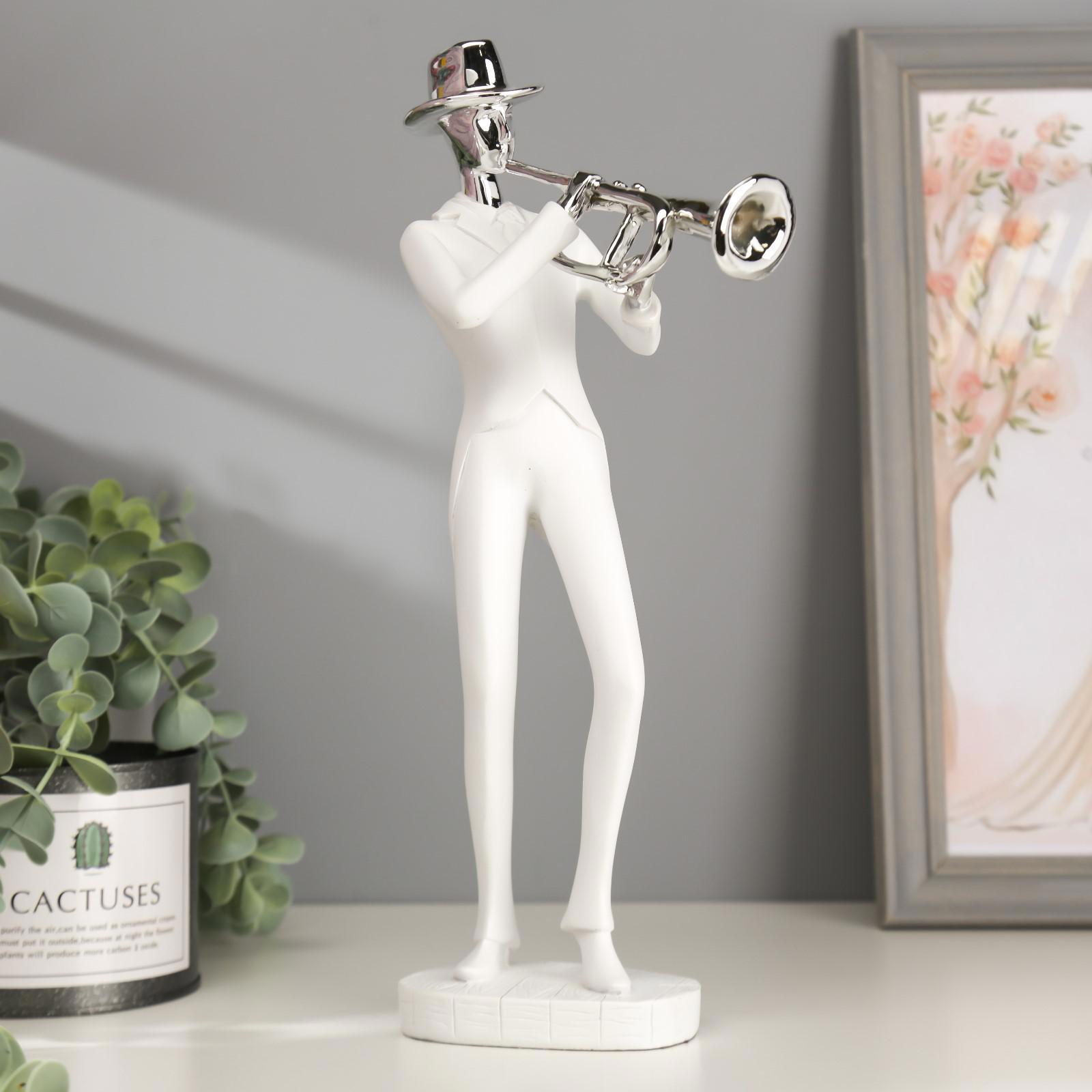 Изображение товара Сувенир интерьерный "Музыкант с саксофоном" белый с серебром 29.5x10.5x13.5 см