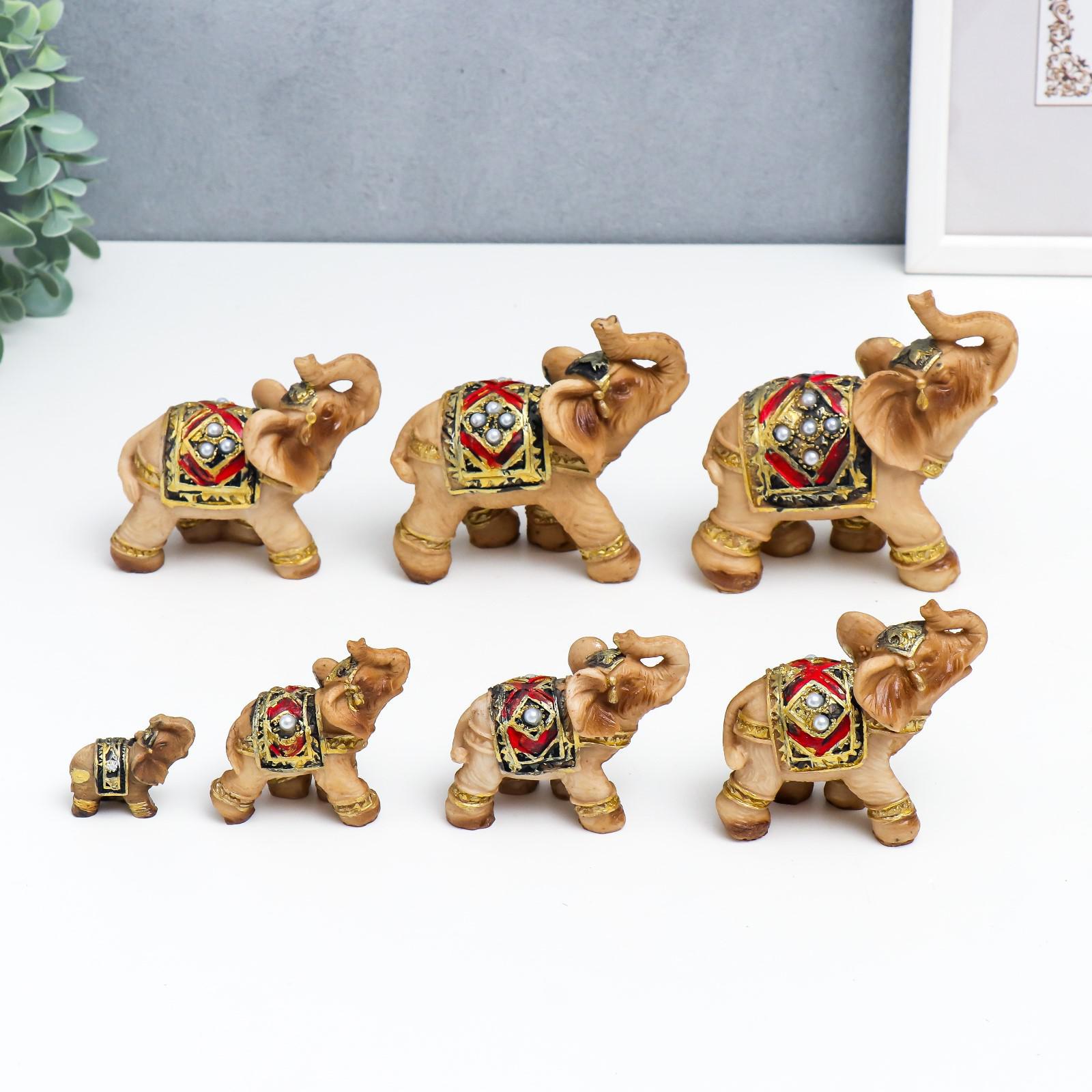 Изображение товара Сувенир интерьерный "Семь слонов попона с жемчугом" h-10.5;9.5;8;7.5;6.5;6;5 см