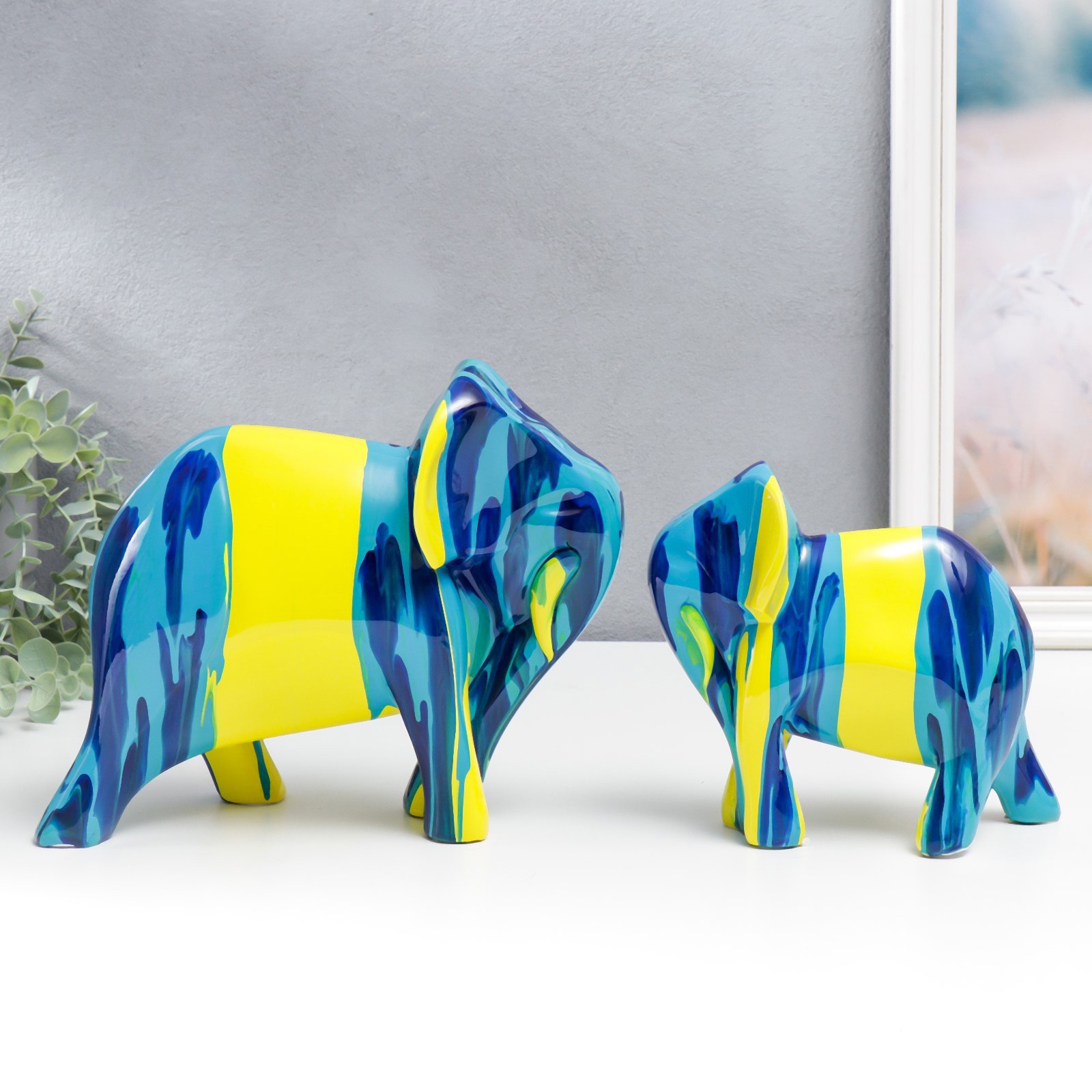 Изображение товара Сувенир интерьерный "Слоны" подтёки краски набор 2 шт 15.6x8.5x18 20x11x25 см