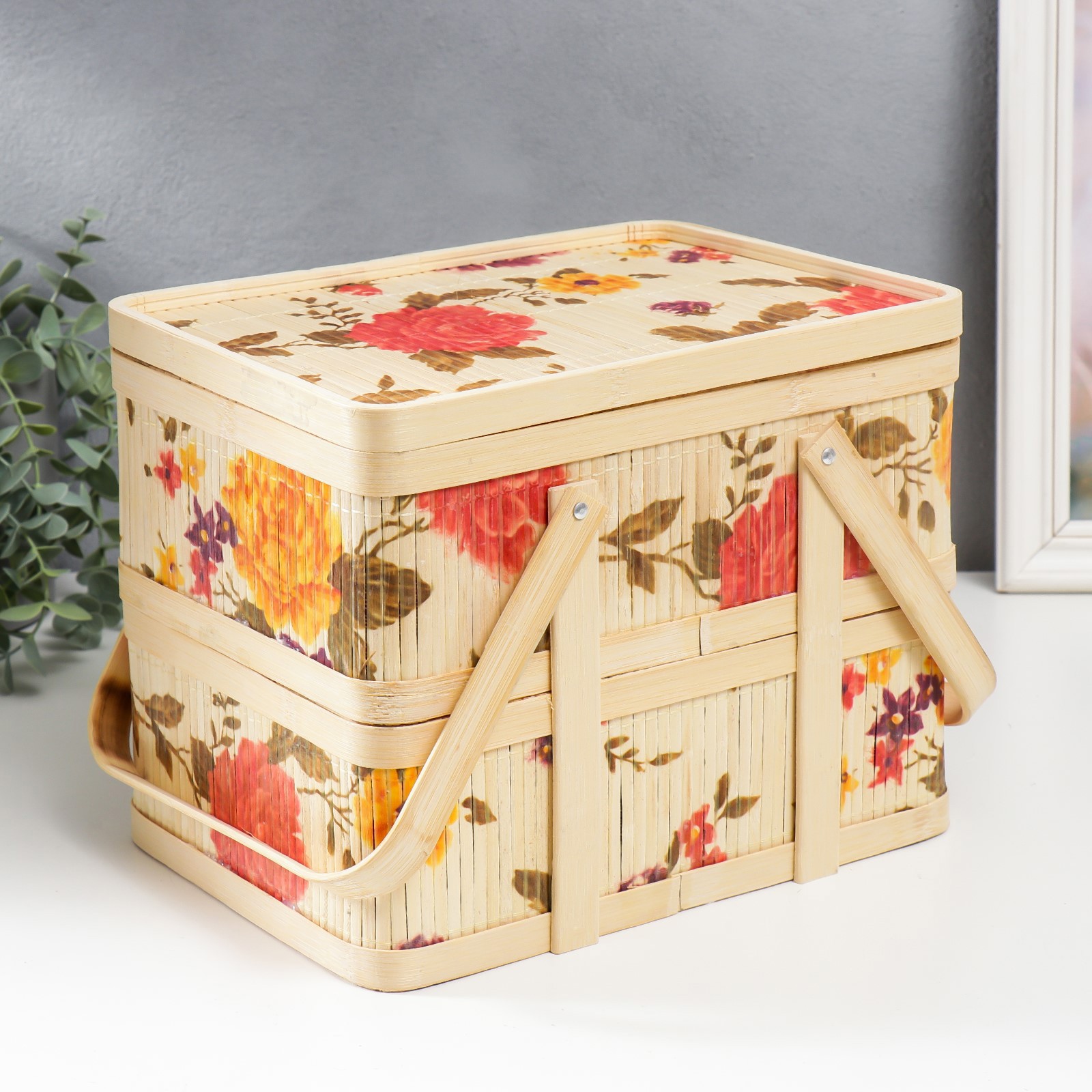 Изображение товара Шкатулка универсальная 2в1 "Сад с пионами" с ручками 21x20x27 см
