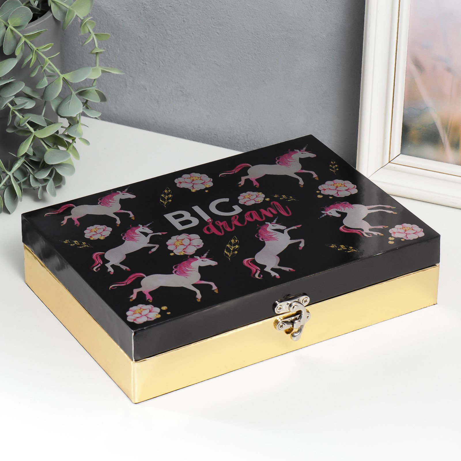 Изображение товара Шкатулка универсальная "Розовые единороги на чёрном" глянец 5.5x24x17 см