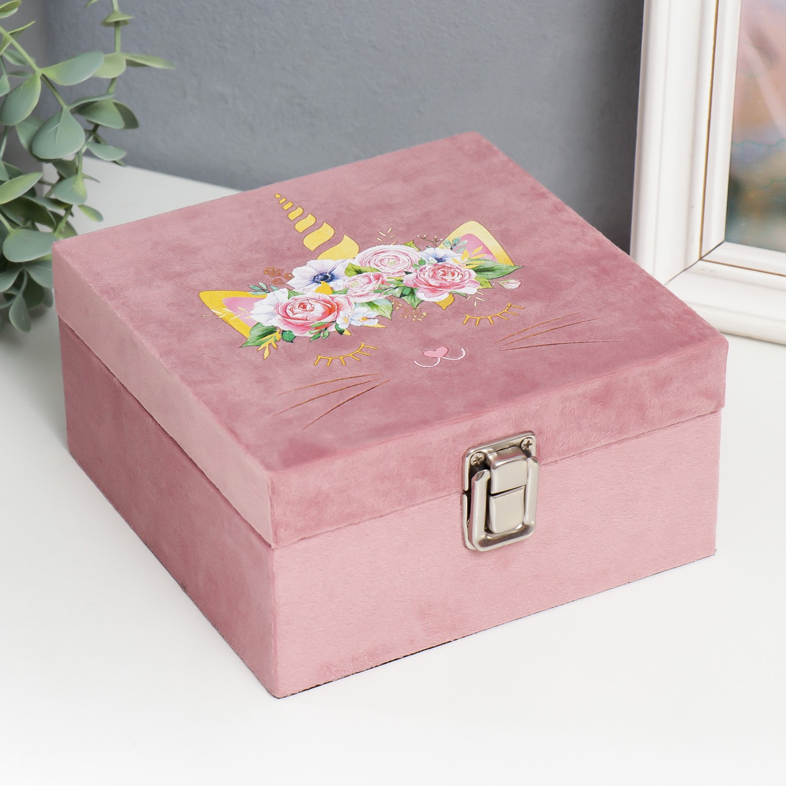 Изображение товара Шкатулка универсальная "Кошечка-единорог с цветами" бархат розовый 10x16x16 см