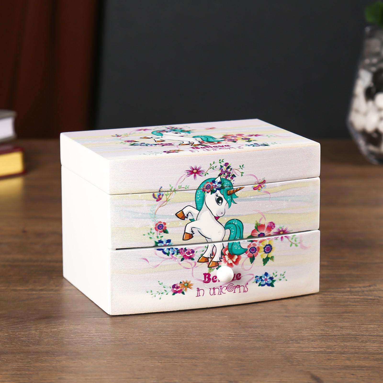Изображение товара Шкатулка универсальная комод 1 ящик музыкальная "Единорог с подсолнухами" 9x10x13 см