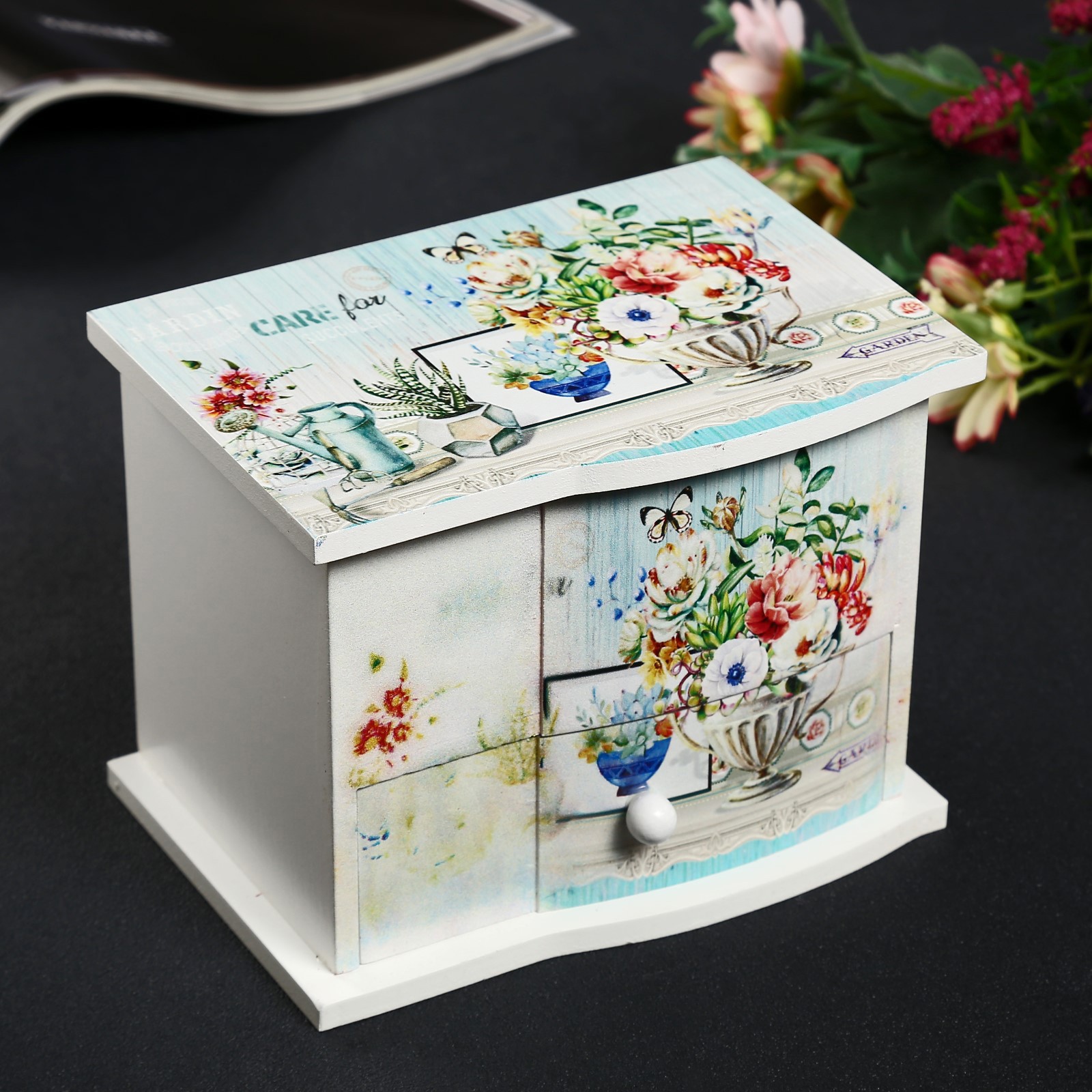 Изображение товара Шкатулка универсальная комод 1 ящик музыкальная "Букет в античной вазе" 11x14.7x10.6 см