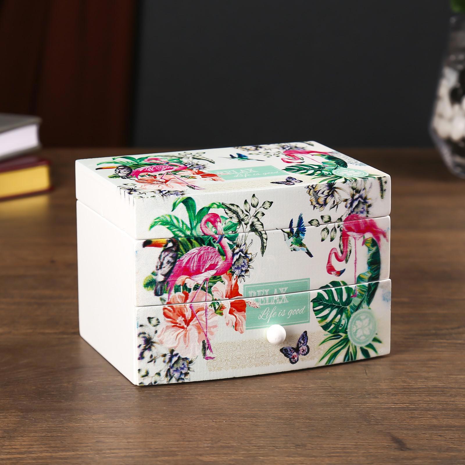 Изображение товара Шкатулка универсальная комод 1 ящик музыкальная "Фламинго в трропиках" 9x10x13 см