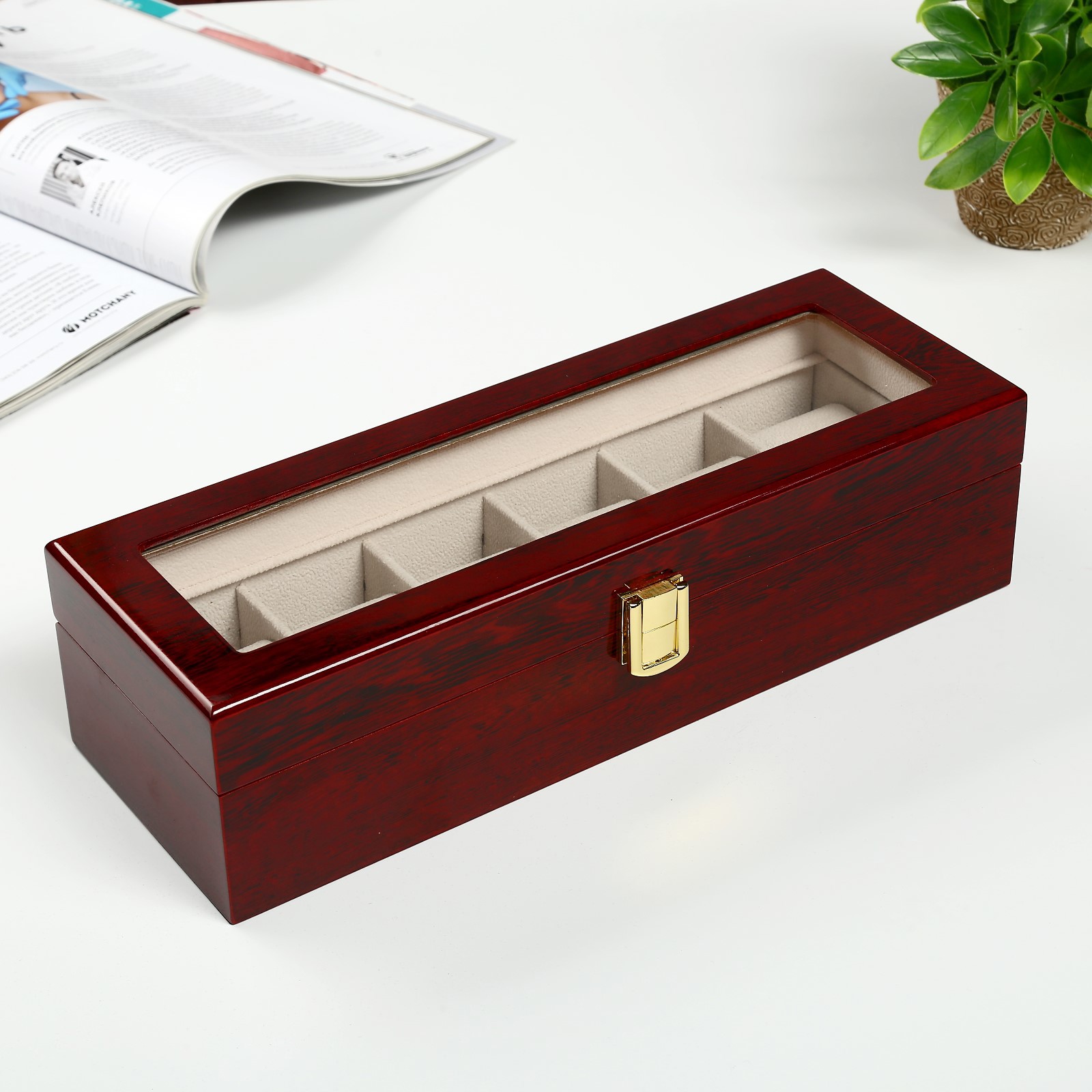Изображение товара Шкатулка под часы 6 отделений "Красно-коричневая" 8x31x11 см