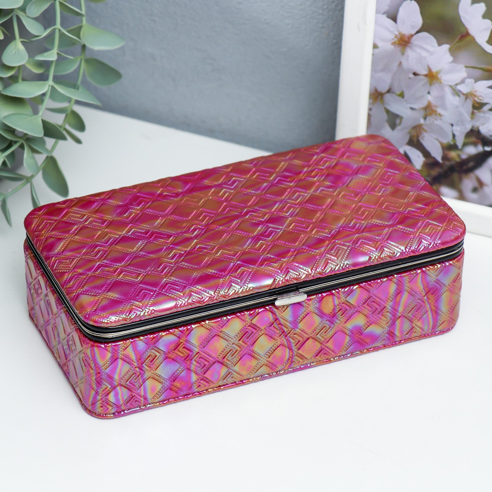 Изображение товара Шкатулка для украшений Греческий узор Фуксия перламутр 6x9.8x18.5 см