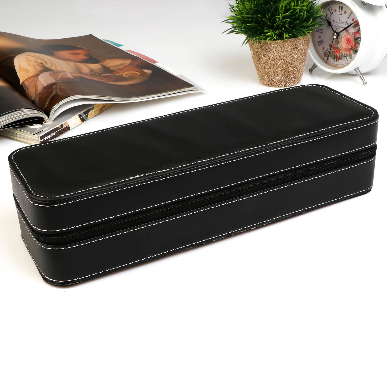 Изображение товара Шкатулка под часы 6 отделений "Чёрная с белой строчкой" на молнии 7.5x11x33 см