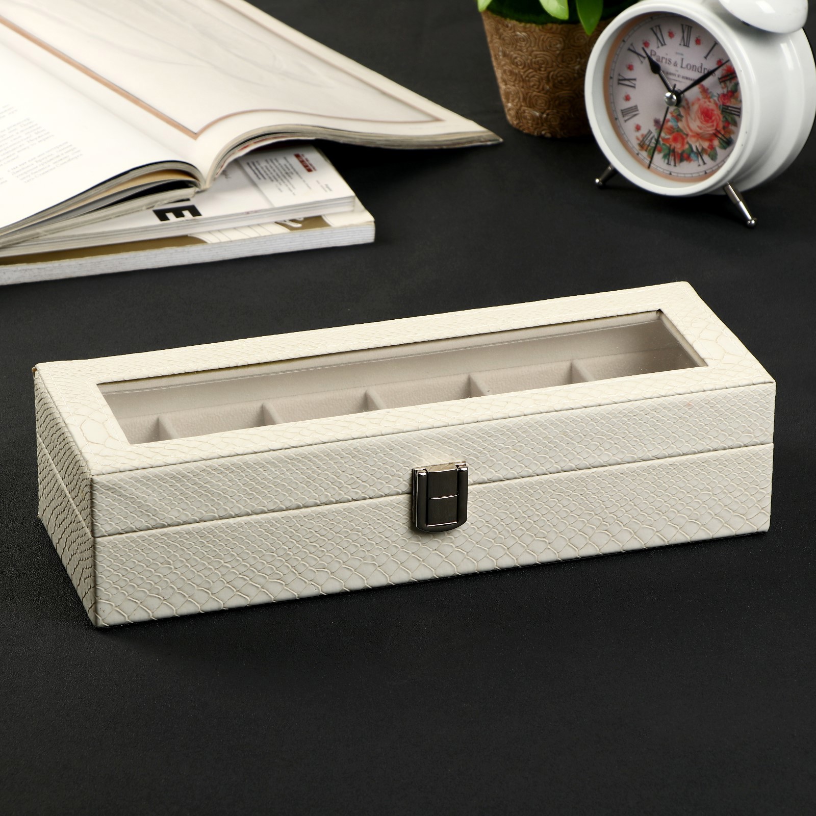 Изображение товара Шкатулка под часы 6 отделений "Белая с серыми прожилками" 11x30.6x7.5