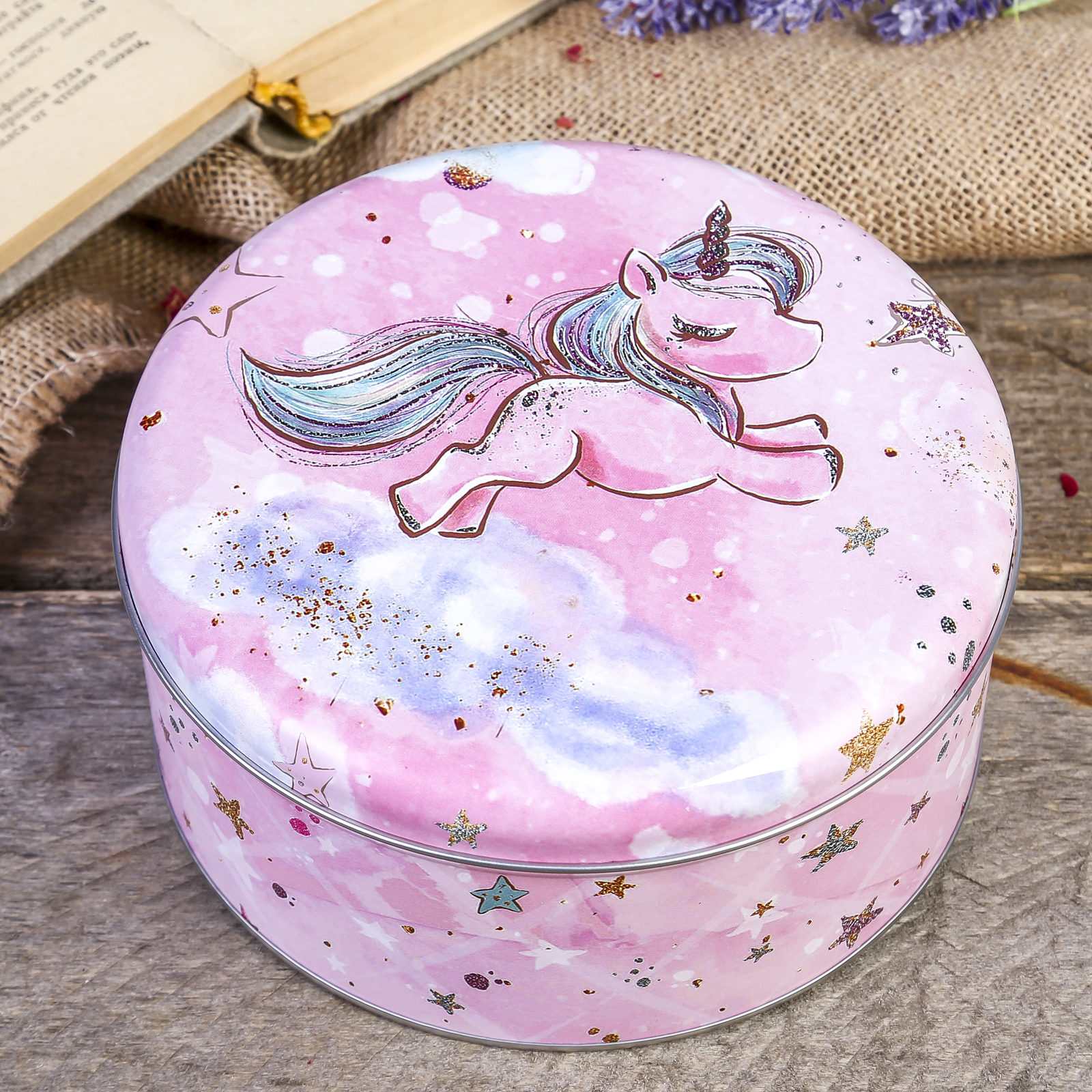 Изображение товара Шкатулка универсальная круглая "Маленький единорог в облаках" 8x17x17 см