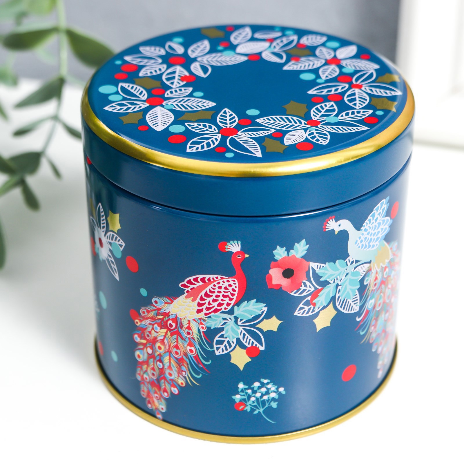 Изображение товара Шкатулка круглая «Листочки на синем» — металл, 8.3×8.5×8.5 см