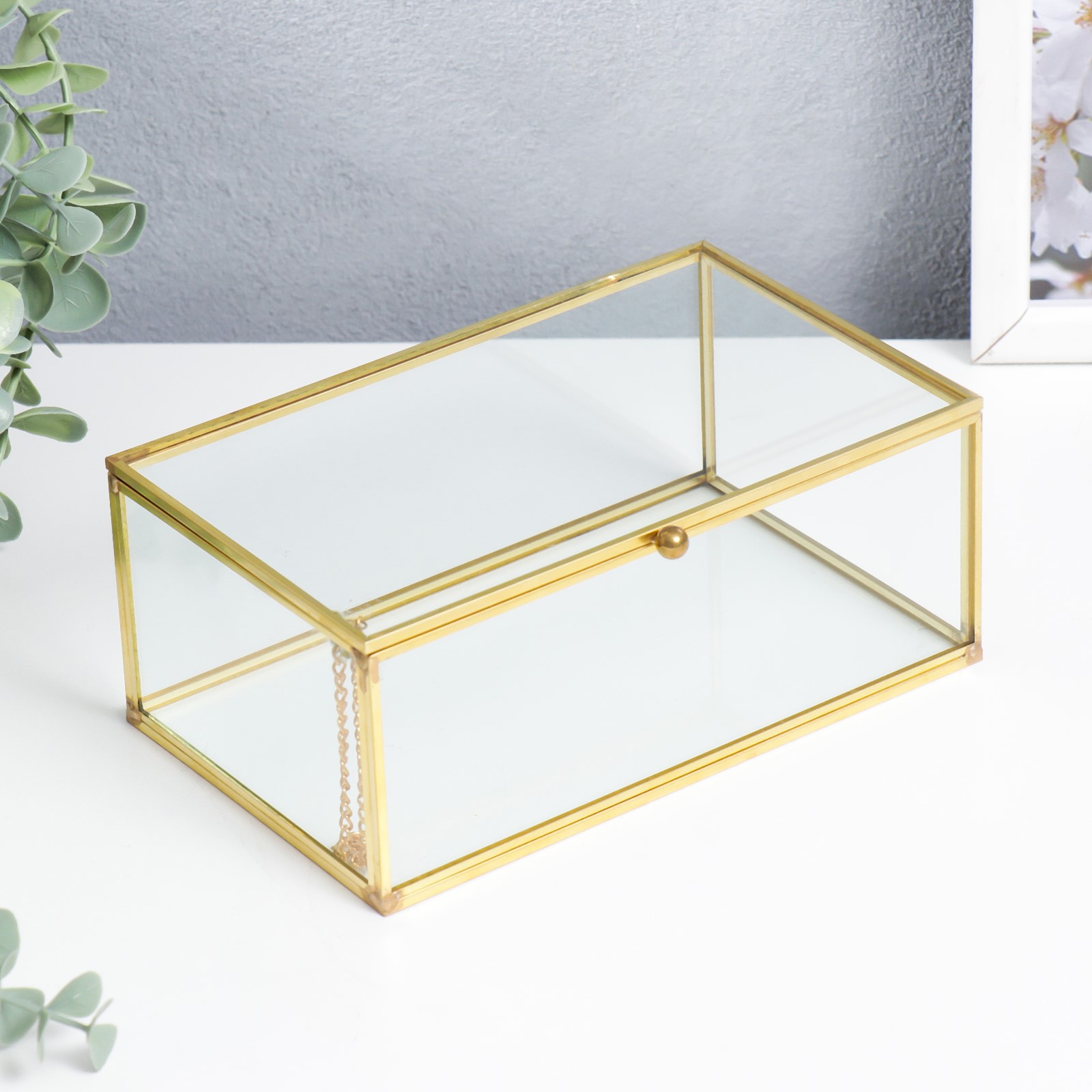 Изображение товара Шкатулка универсальная с металлическим каркасом "Прямоугольник с гранями" золото 7x10.5x17 см