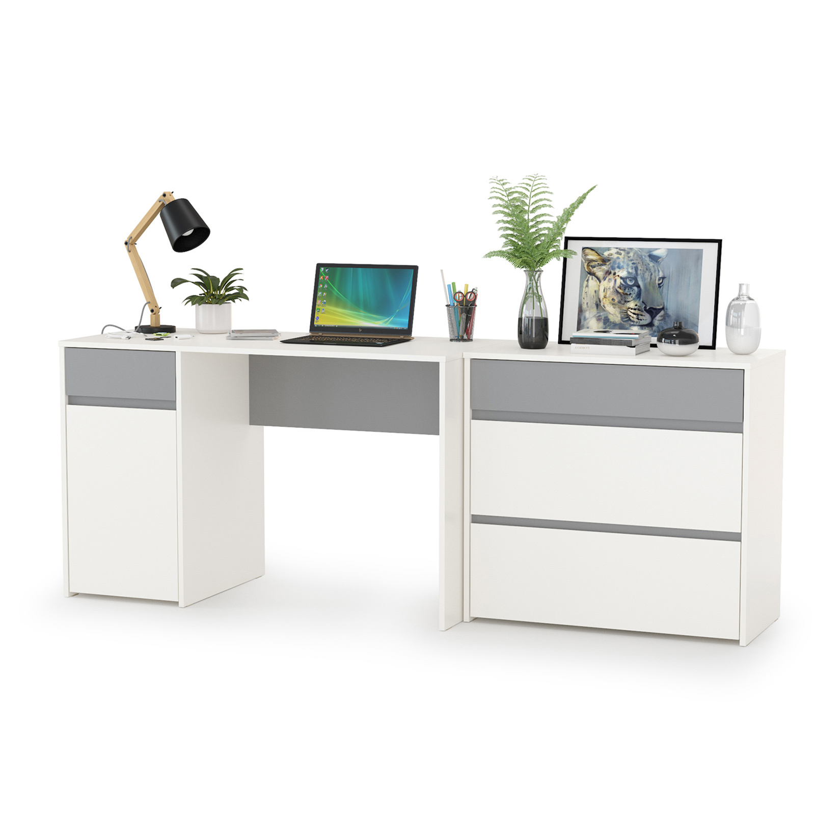 Изображение товара Компьютерный стол Моби Торонто 200x75x53 см ЛДСП серый белый