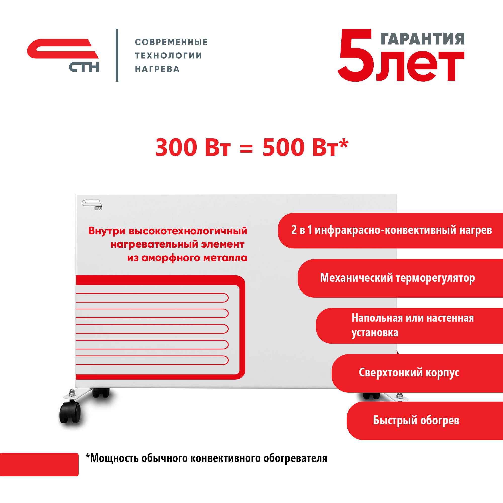 Изображение товара Электрический конвектор СТН НЭБ-М-НСт 0.3 с механическим термостатом 300 Вт для помещений