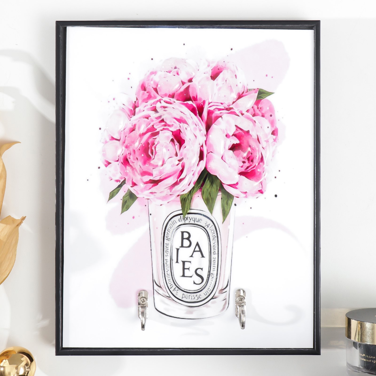 Изображение товара Крючки декоративные 2 крючка "Розовые пионы в стакане" 19x24 см