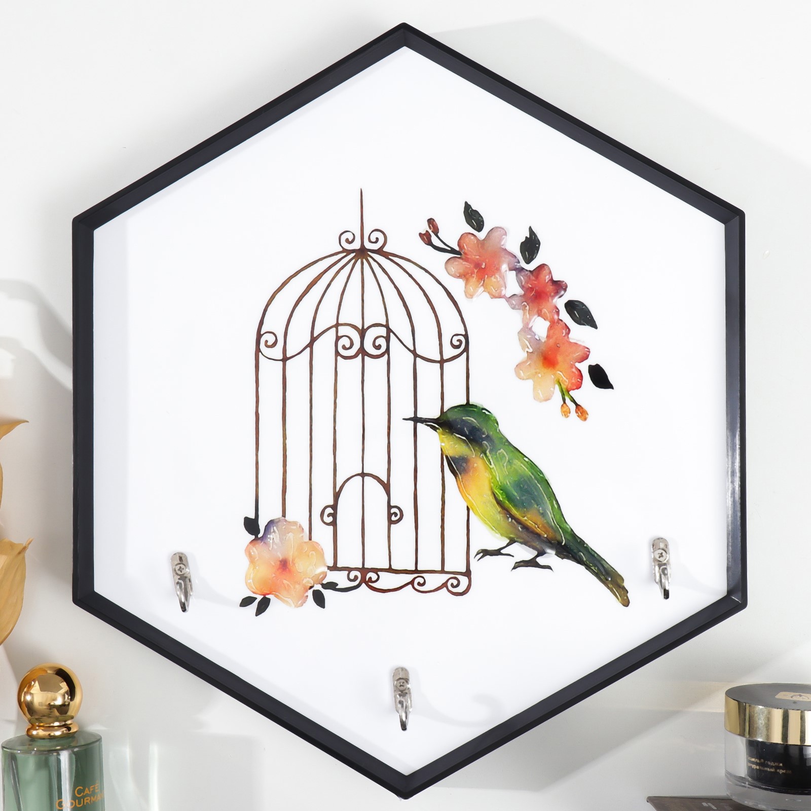 Изображение товара Крючки декоративные 3 крючка «Птица и клетка» 34x30 см