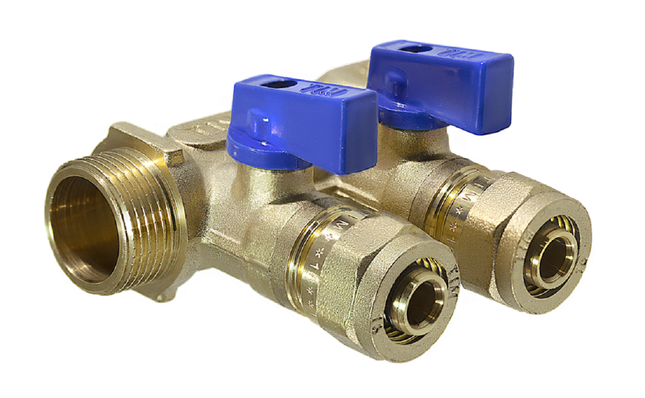 Изображение товара Коллектор с шаровыми кранами и цангами TIM 1" 2 отвода под трубу 20 мм