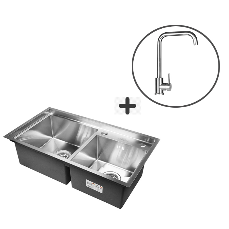 Изображение товара Мойка для кухни двойная нержавеющая 78x43 Wisent сатин со смесителем WS37843-S/W4998-4/WGER011