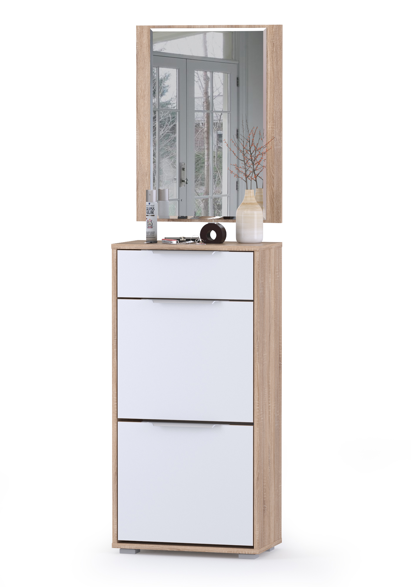 Изображение товара Шкаф для обуви с ящиком и зеркалом Моби 50x180x28 см 2 полки ЛДСП цвет белый/дуб сонома