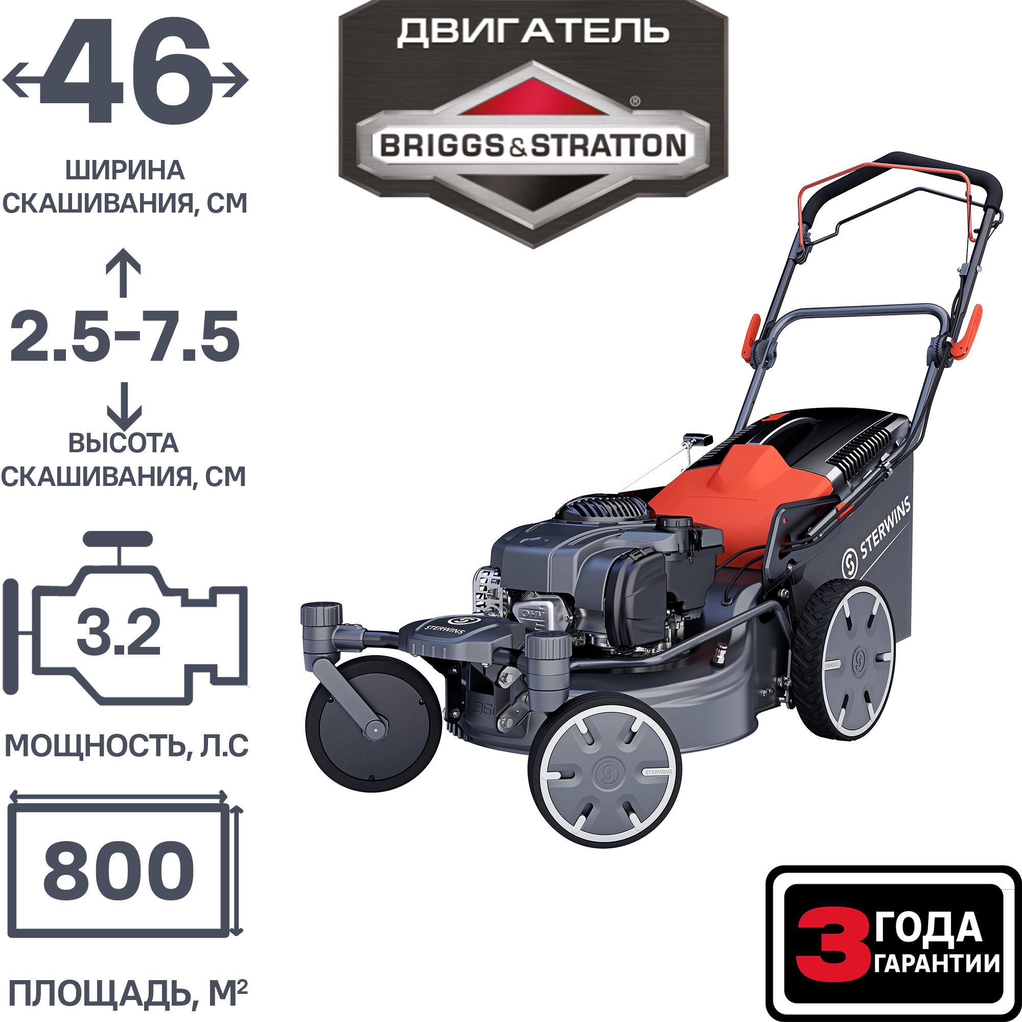 Газонокосилка бензиновая самоходная Sterwins PRO Briggs&Stratton 3.2 л ...