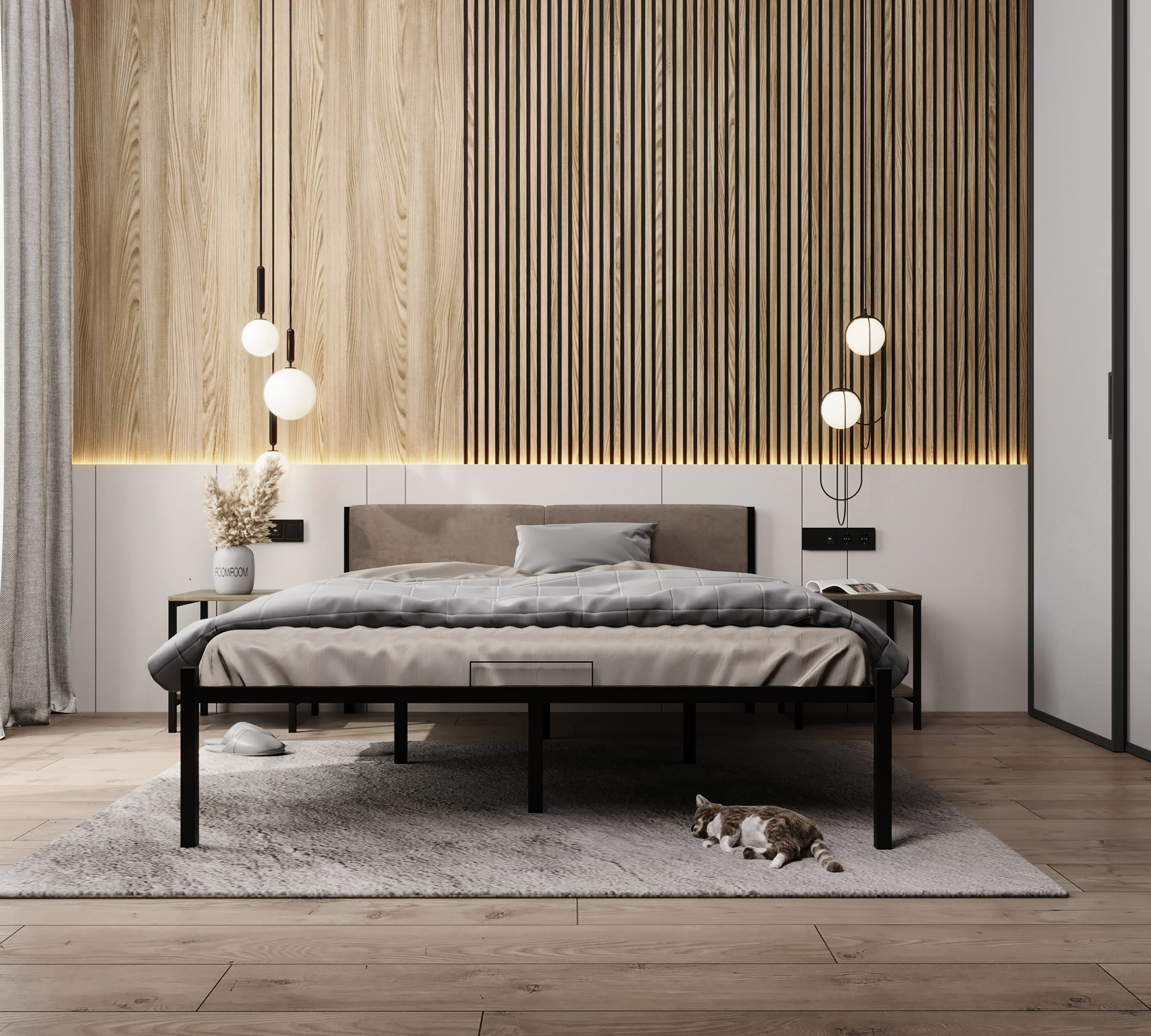 Изображение товара Двуспальная кровать металлическая Roomiroom Bstone 140x200 см стиль лофт