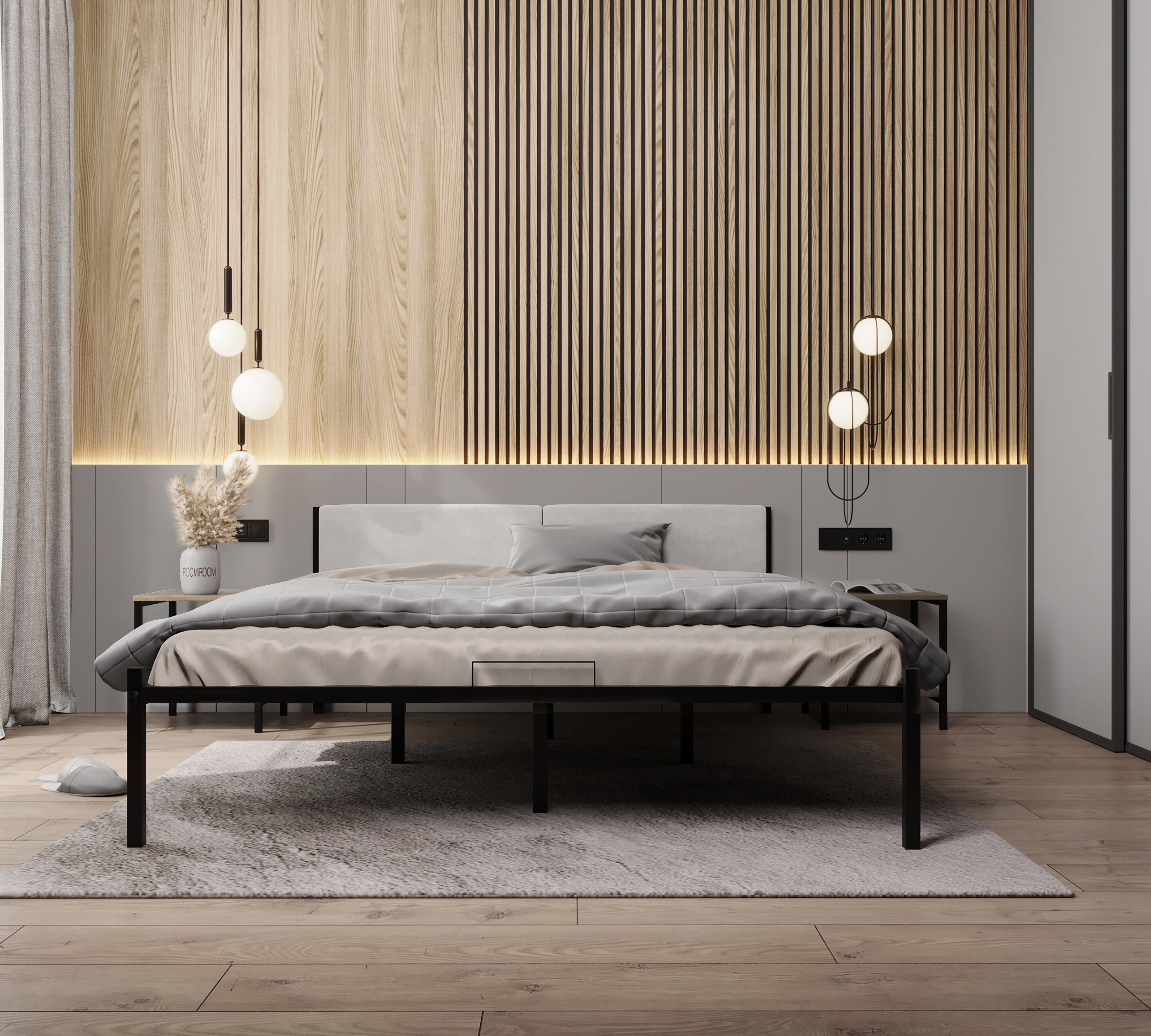 Изображение товара Металлическая кровать Roomiroom Bstone 160x200 см в стиле лофт с мягким изголовьем