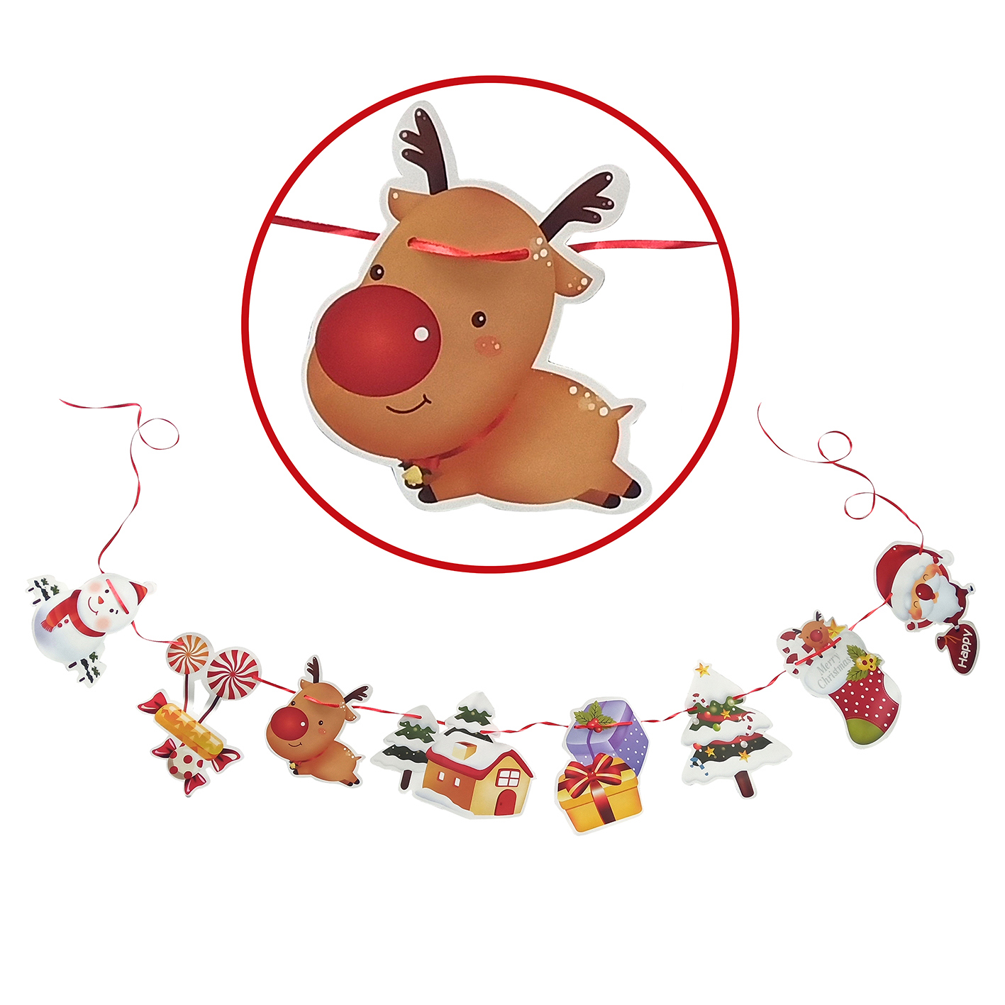 Изображение товара Новогоднее украшение гирлянда-растяжка с оленями 3м разноцветные материалы