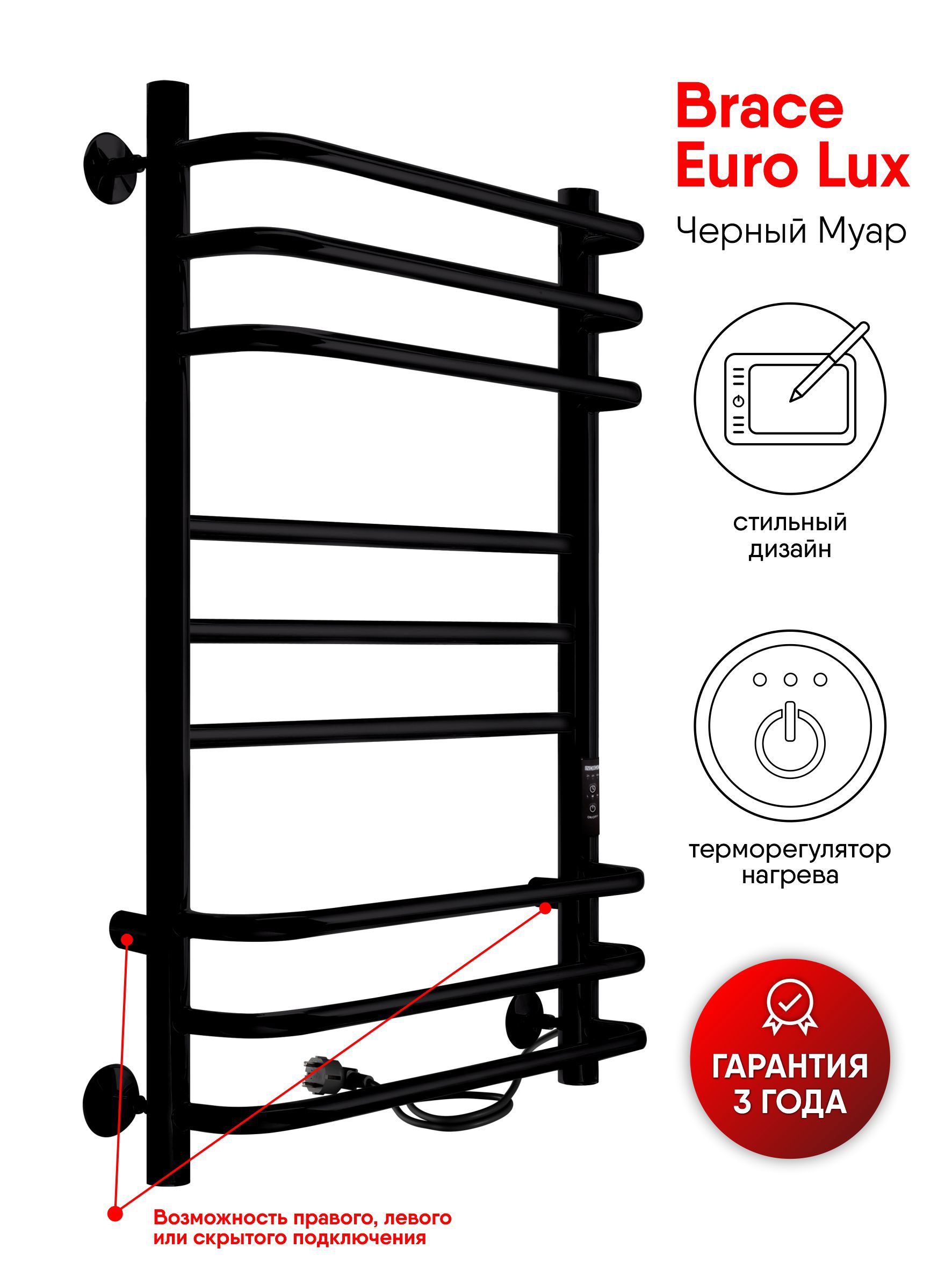 Изображение товара Электрический полотенцесушитель Indigo Brace Euro 400x700 мм 192 Вт черный матовый