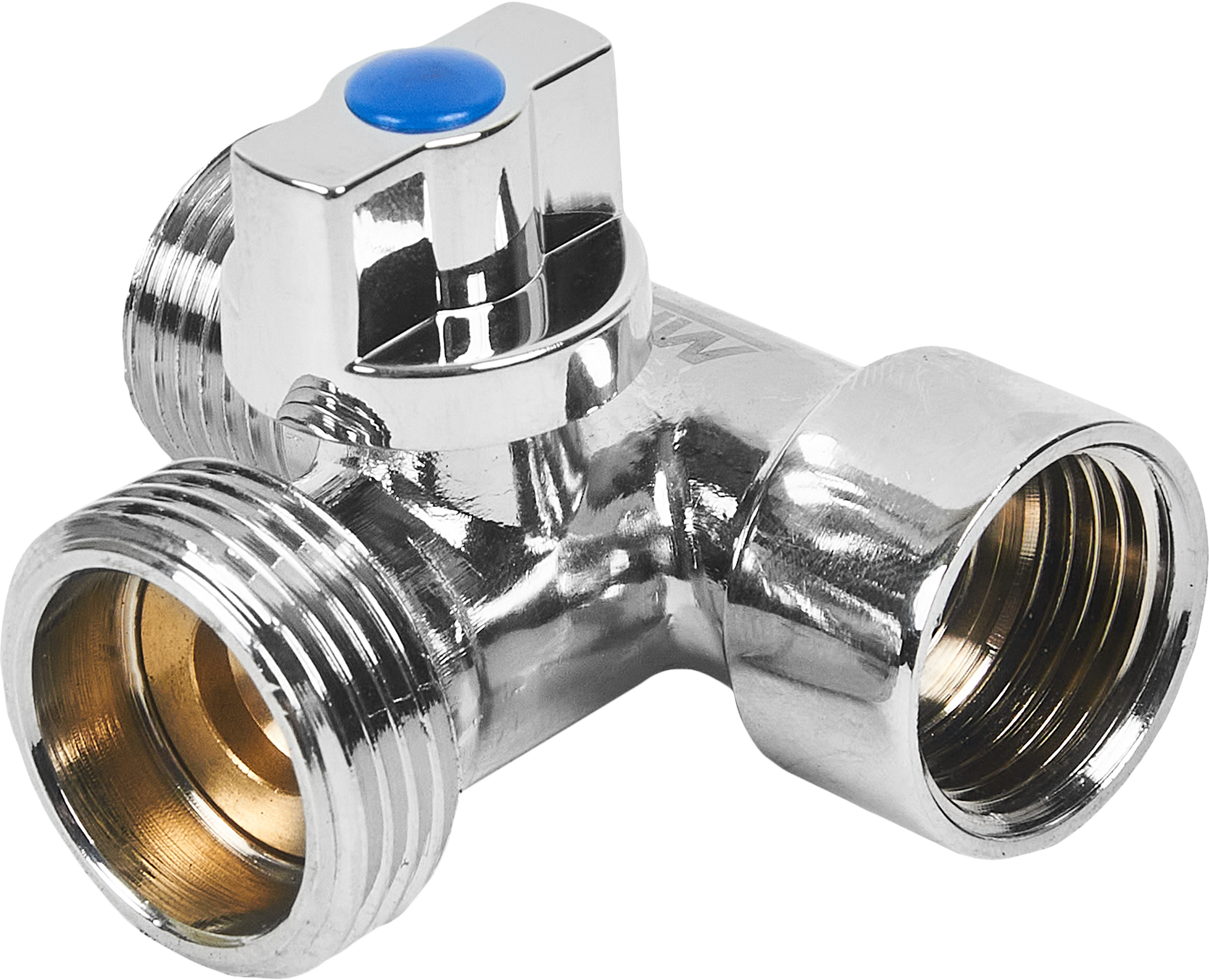 Изображение товара Кран шаровой трёхпроходной MPF 1/2"x3/4"x1/2" с отражателем для системы водопровода