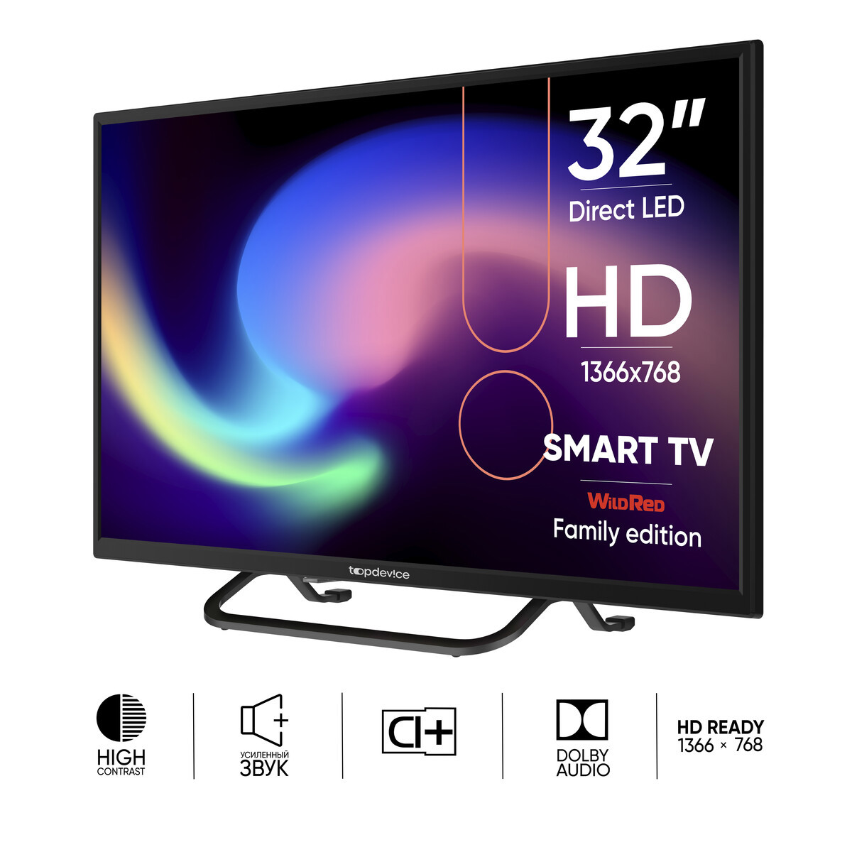 Изображение товара Телевизор Topdevice 32'' HD Smart TV WildRed Встроенный Wi-Fi и DVB-T2
