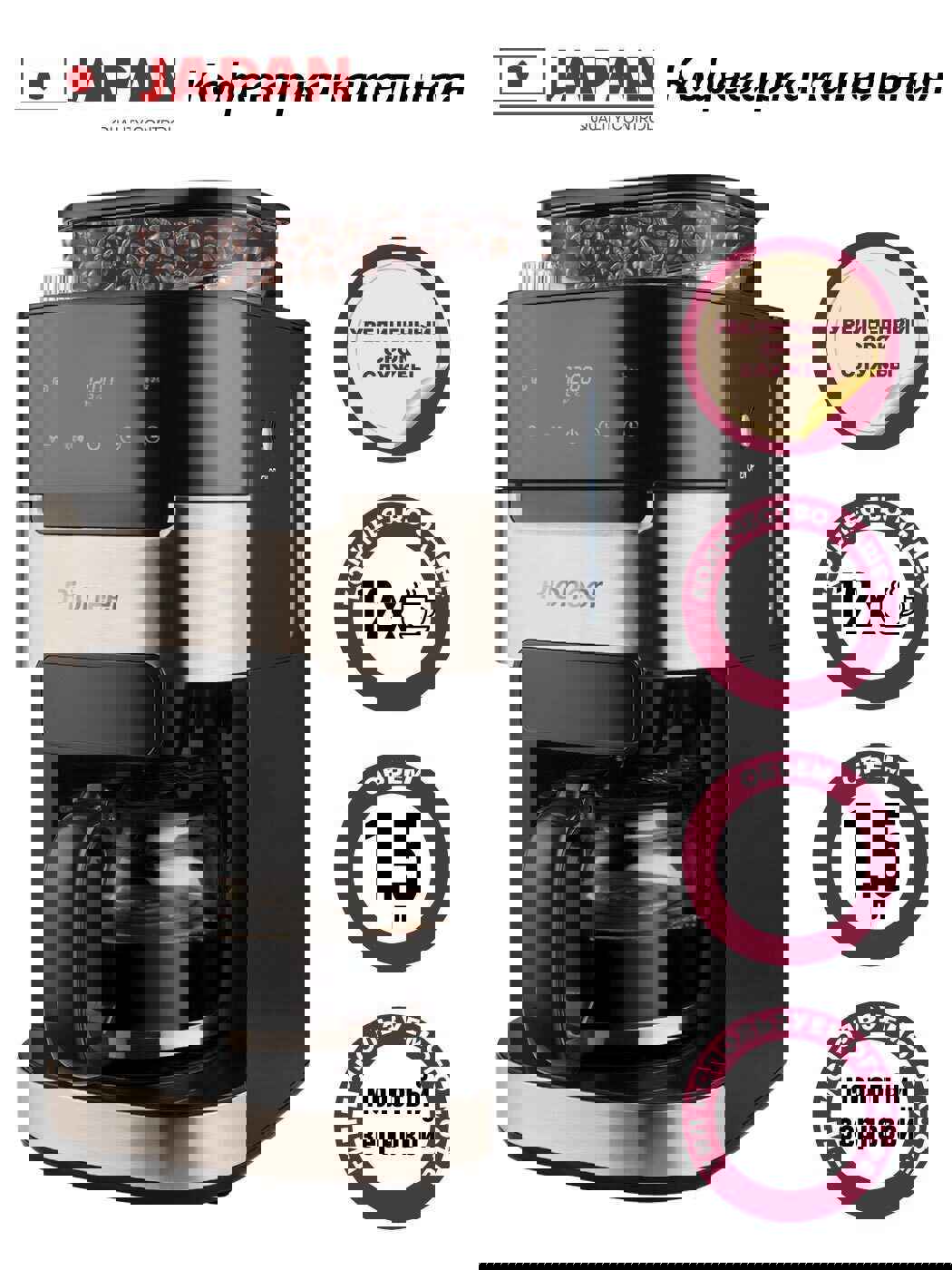 Изображение товара Капельная кофеварка Pioneer CM060D с жерновой кофемолкой и сенсорным управлением