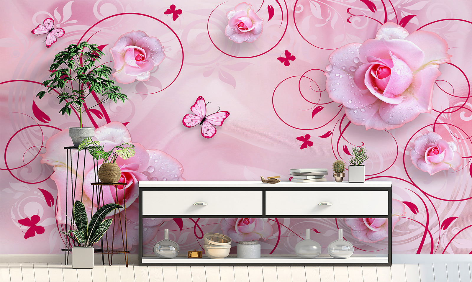 Фотообои флизелиновые Luxury walls 500x270 см Цветы розы Бабочки ...