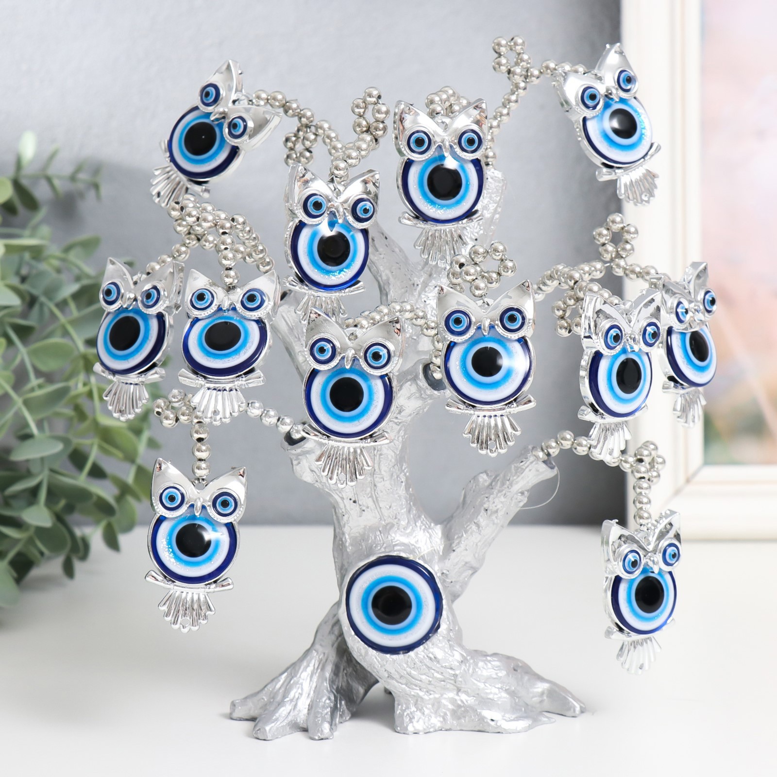 Изображение товара Сувенир интерьерный от сглаза "Дерево с филинами" серебро 17.5x6.5x23 см