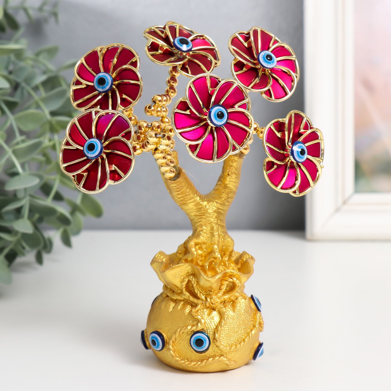 Изображение товара Сувенир интерьерный от сглаза Цветущее дерево Денежный мешок золото, розовый 11.5x5x17 см