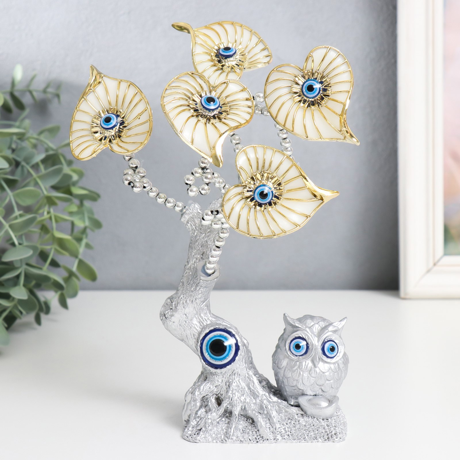 Изображение товара Сувенир интерьерный от сглаза Цветущее дерево Листья-Сердце Филин серебро 15x5.7x20 см