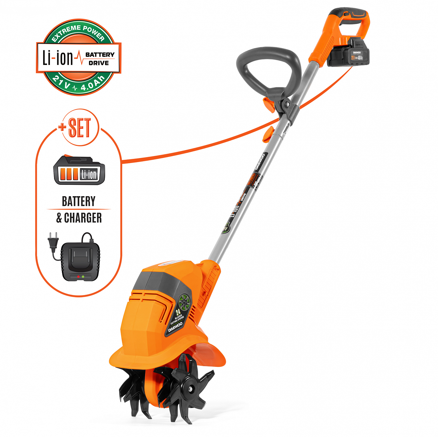 Изображение товара Аккумуляторный культиватор Daewoo DAT 2021Li SET с перчатками