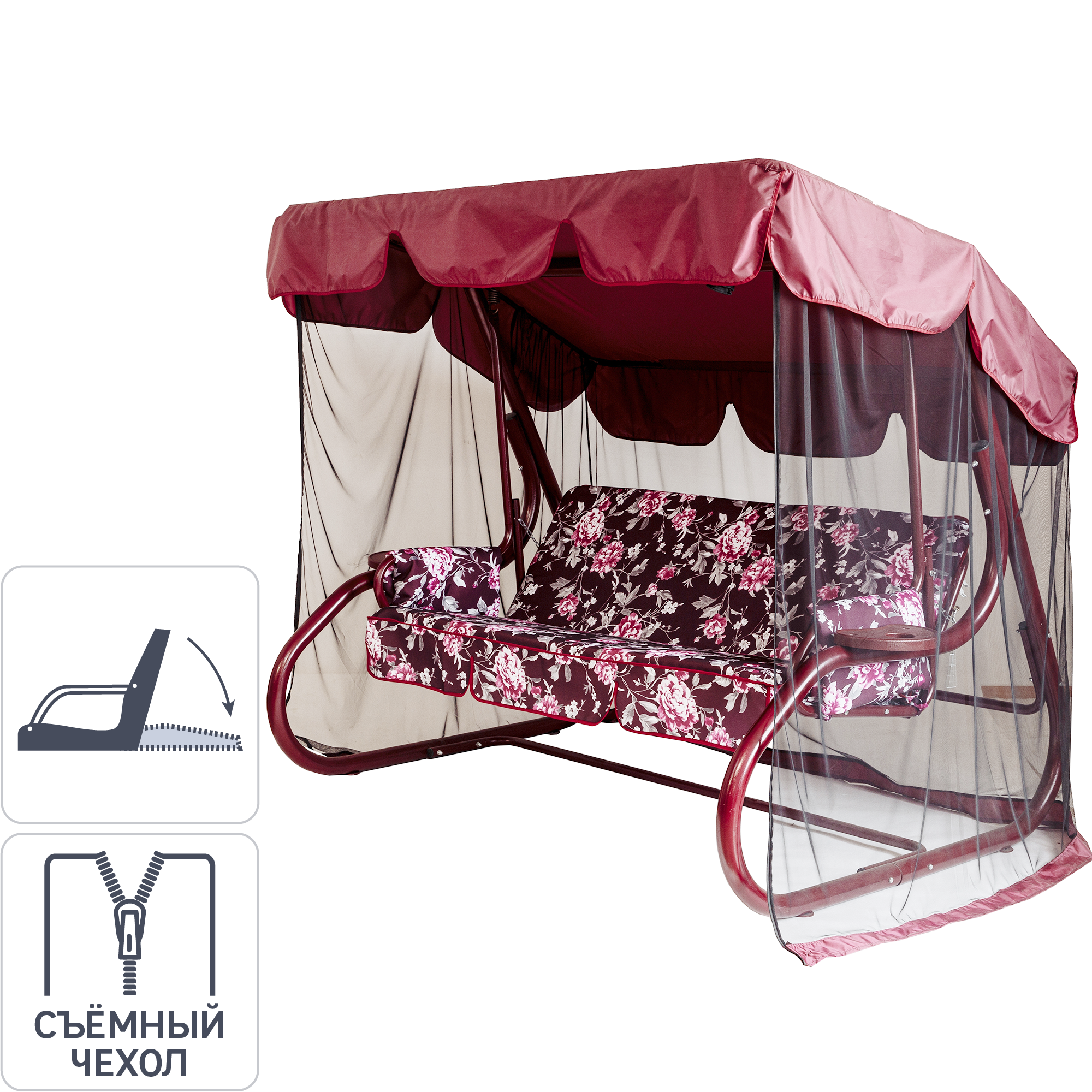 Изображение товара Качели садовые София 3-х местные от GREENGARD с крышей и москитной сеткой