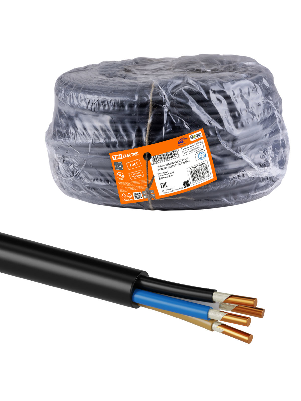 Изображение товара Кабель TDM Electric ВВГнг(А)-FRLSLTx 4x2.5 ок(N. PE) 100 м ГОСТ