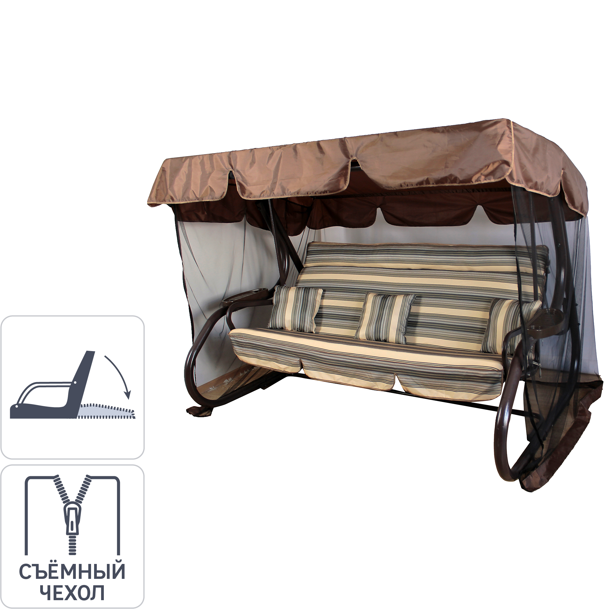 Изображение товара Качели садовые Greengard Атланта 4 места с тентом и москитной сеткой коричневые
