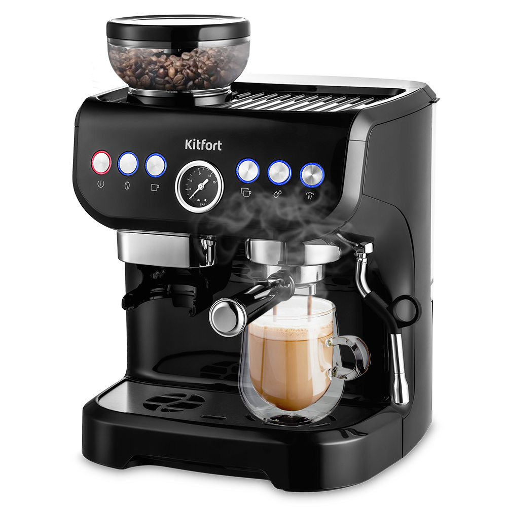 Изображение товара Кофеварка Kitfort КТ-7108 2 в 1 с кофемолкой и паровым капучинатором черная
