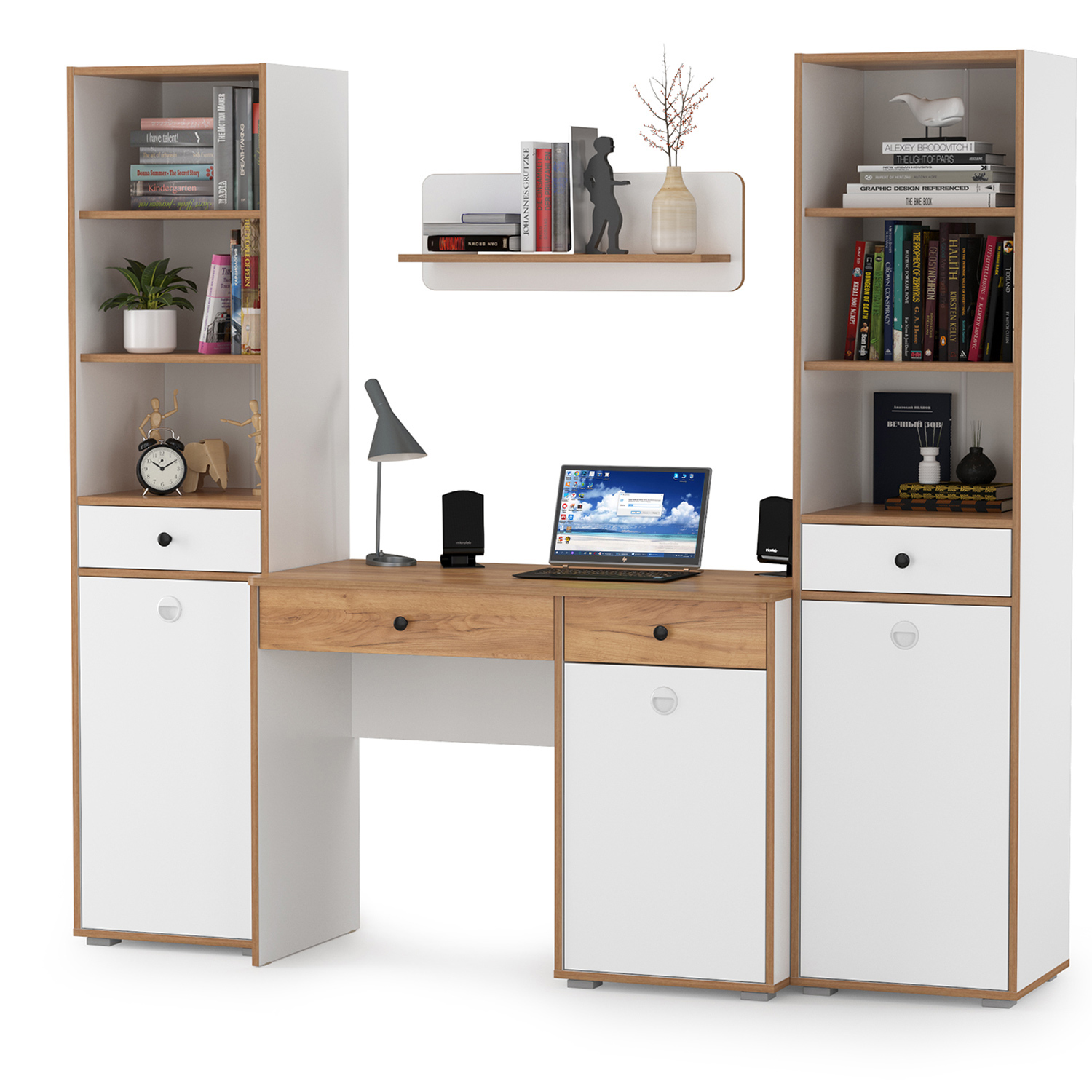 Изображение товара Компьютерный офисный стол Моби Вуди № 08 с навесной полкой и пеналами 200x180x53 см