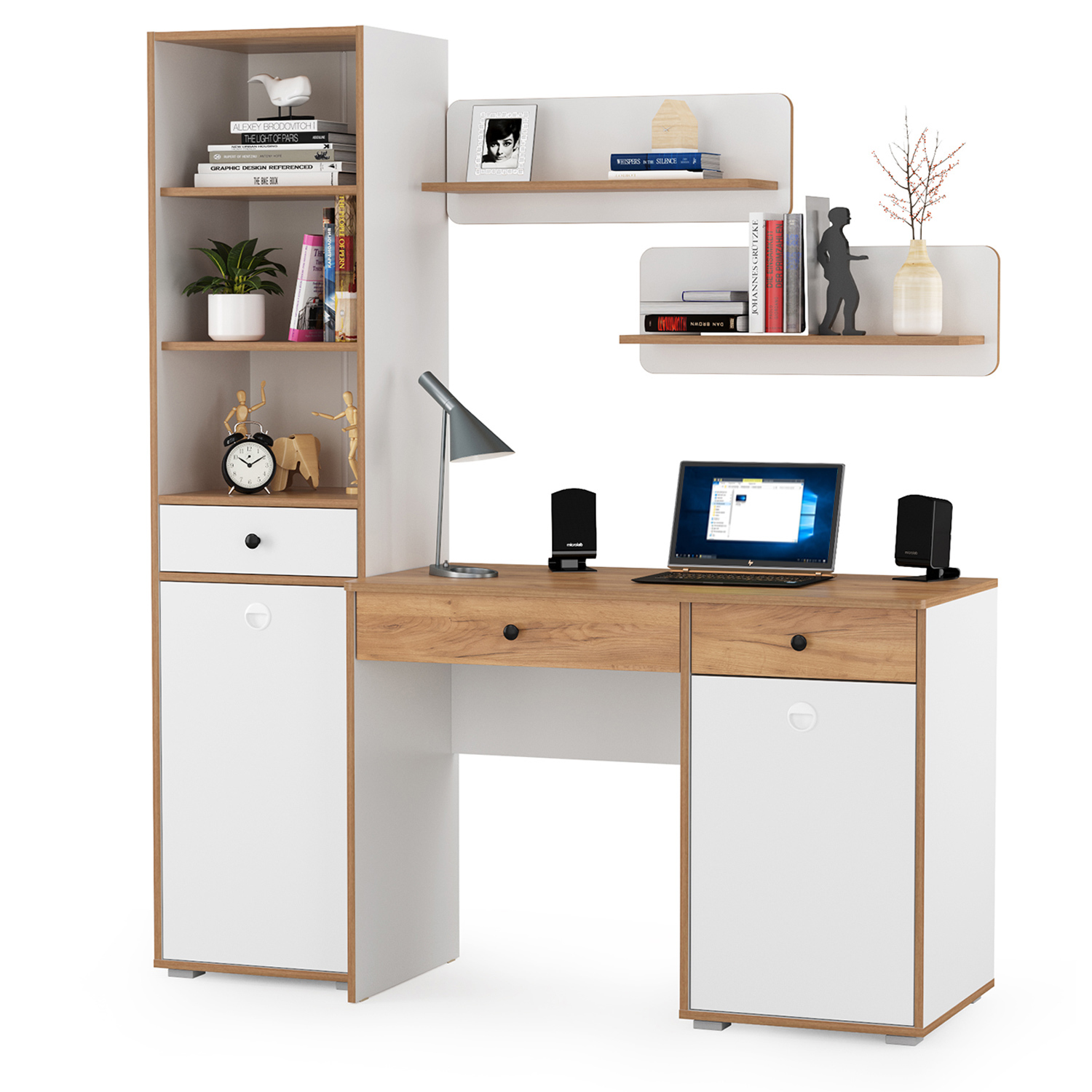 Изображение товара Компьютерный стол Моби Вуди № 04 155x180x53 см белый дуб крафт золотой офисный стол