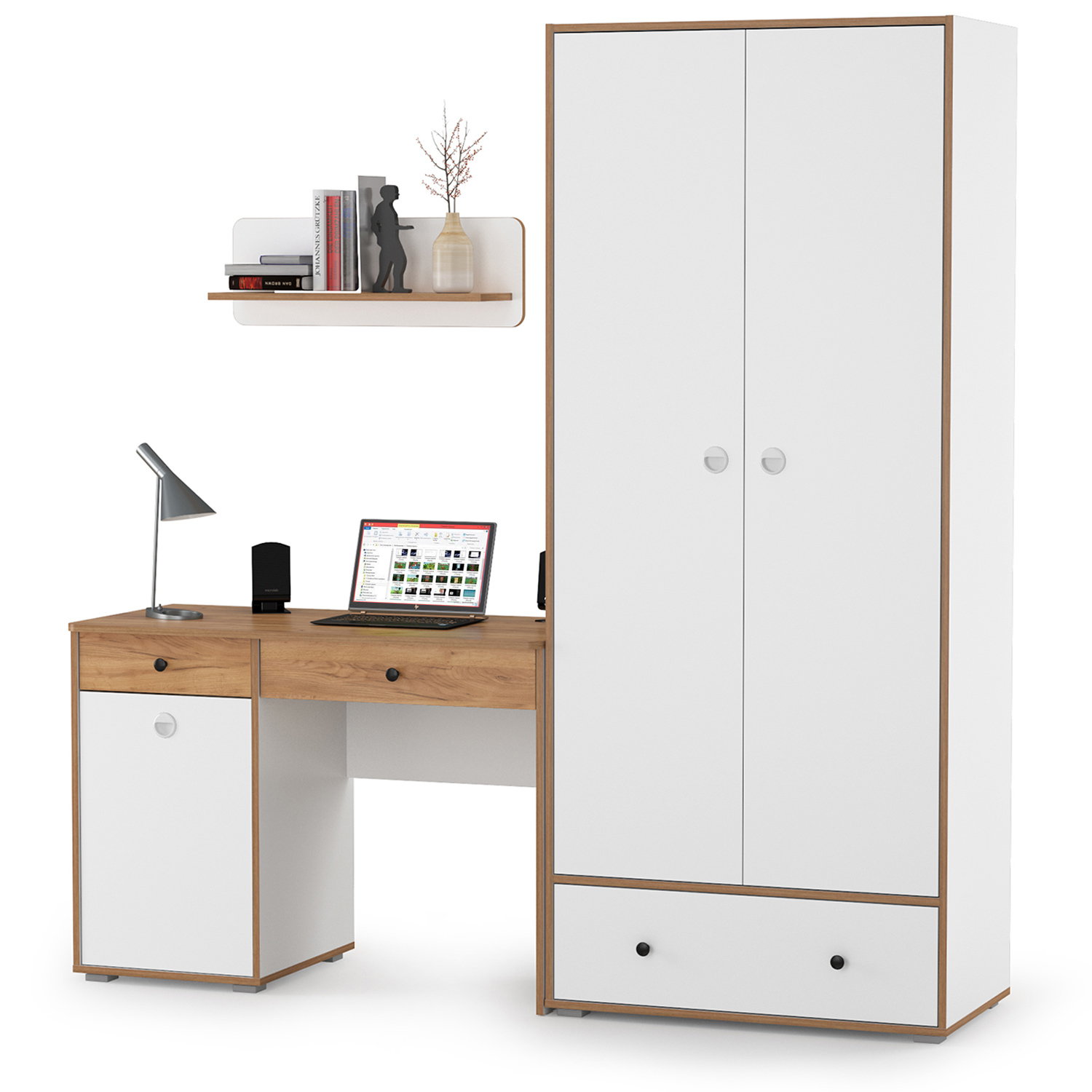 Изображение товара Компьютерный стол Моби Вуди № 18 196x205x53 см ЛДСП белый премиум дуб крафт золотой