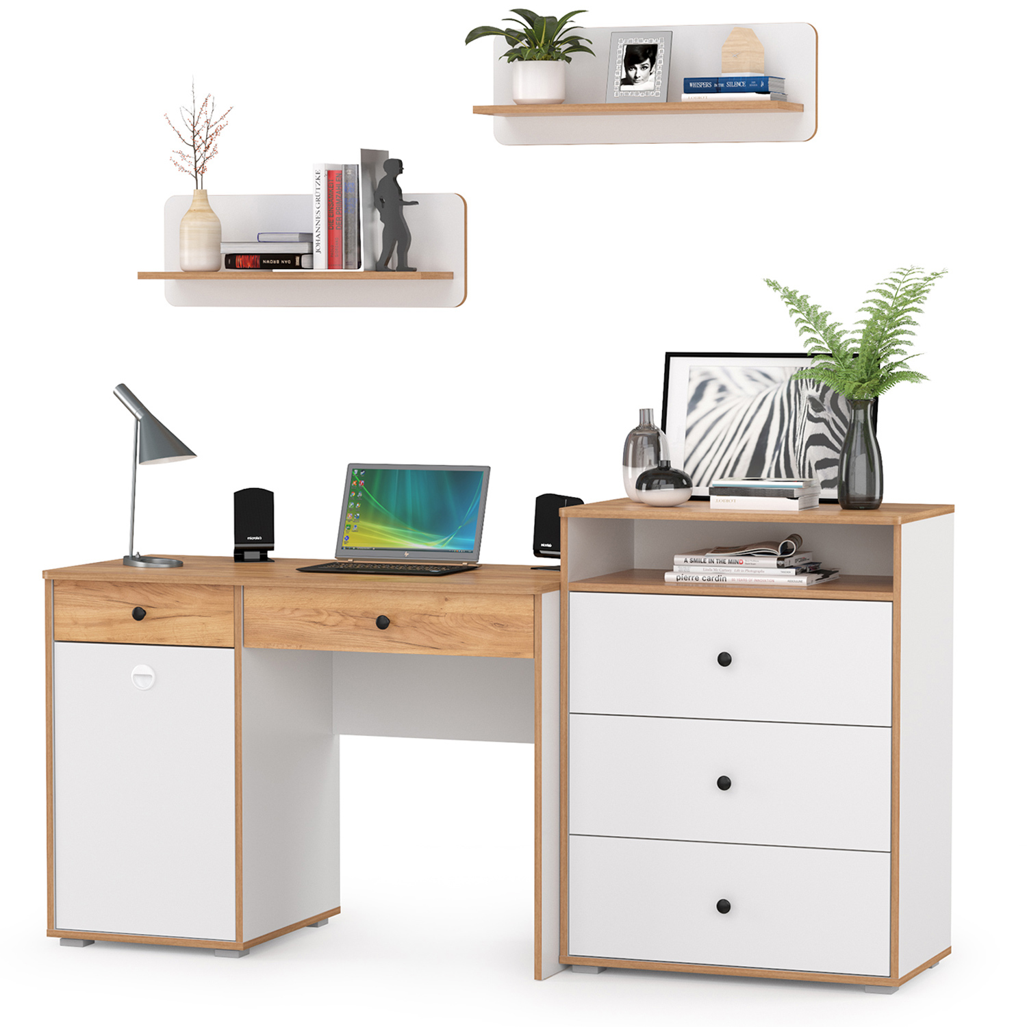 Изображение товара Компьютерный стол Моби Вуди № 48 с комодом и полками 180x180x53 см белый премиум дуб крафт золотой