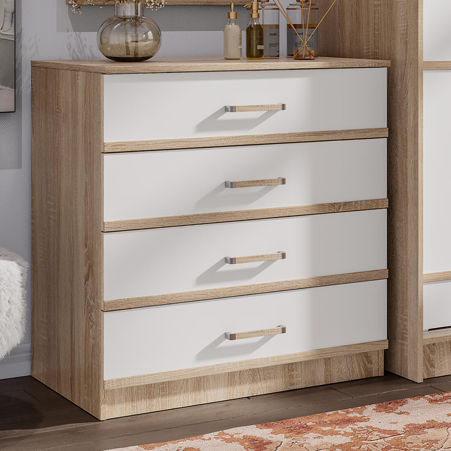 Изображение товара Комод Мебелони Комод "сакура" 4 ящика 85x50.4x86.6 см ЛДСП цвет белый/дуб сонома